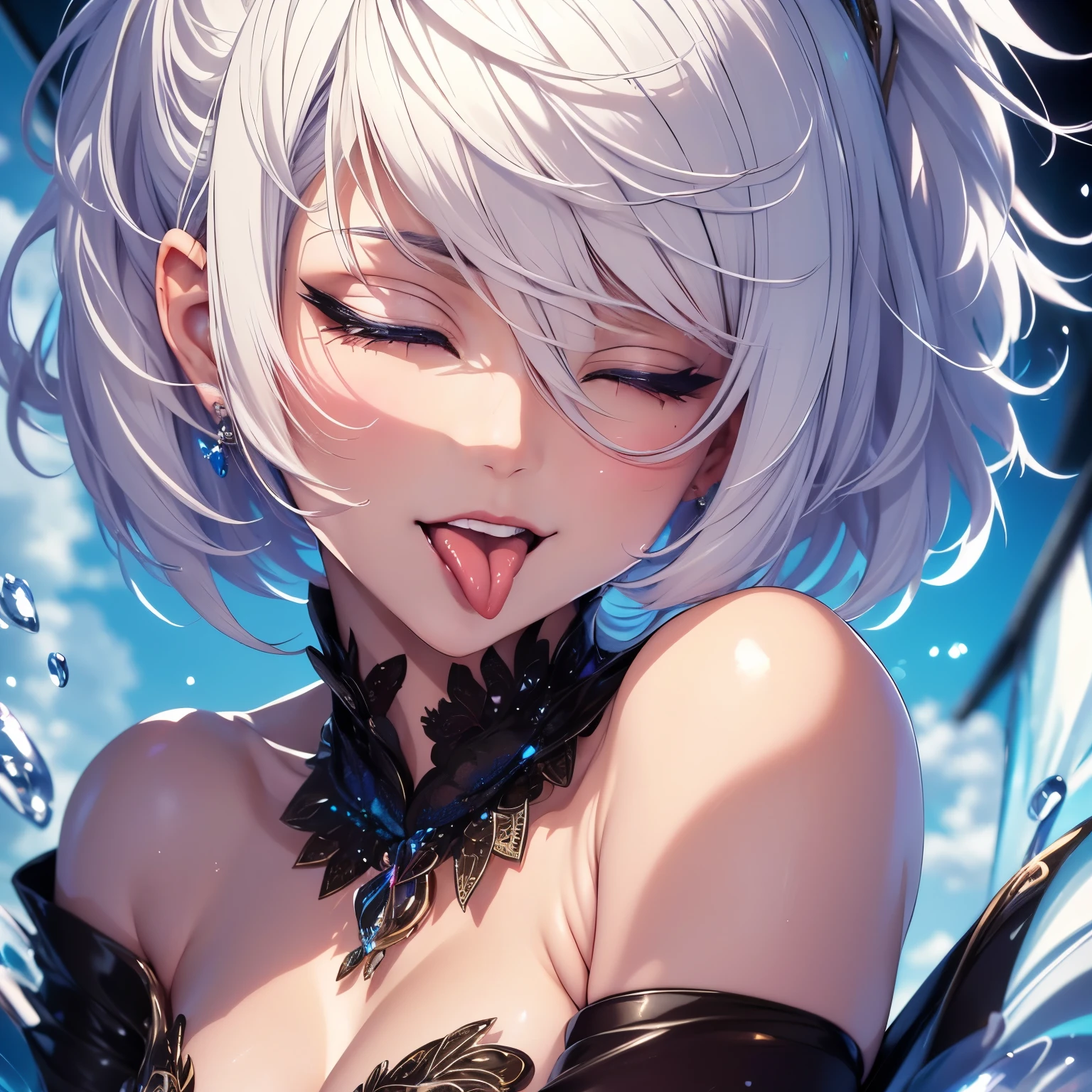 best quality, 32k, RAW photo, incredibly absurdres, extremely detailed, delicate texture, beautiful lady, (close one eye:1.1), (out your tongue:1.3), happy, shy, smile, iridescent platinum blonde messy pixie cut hair, face focus