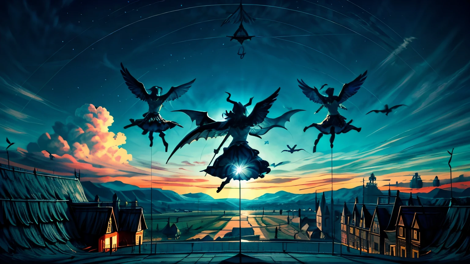 5 witches are flying high to the goal gate, on their broomsticks, in blue sky, 