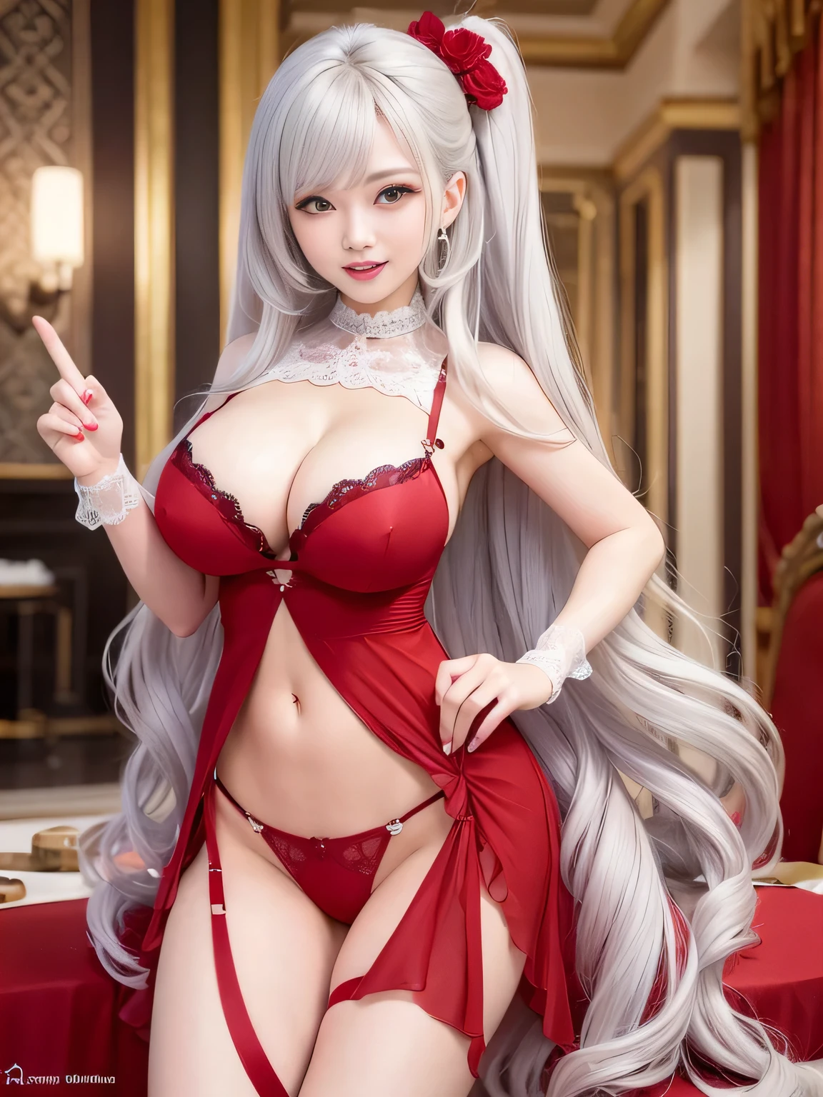 semi-nude、Wear a red garter belt、ultra high resolution、super high quality、8K、Detailed details、marvelous expression、1 female、tall slender woman、big breasts、Super Smile、long curly silver hair、luxurious hair ornament、Upper body view、Luxury hotel party venue background、