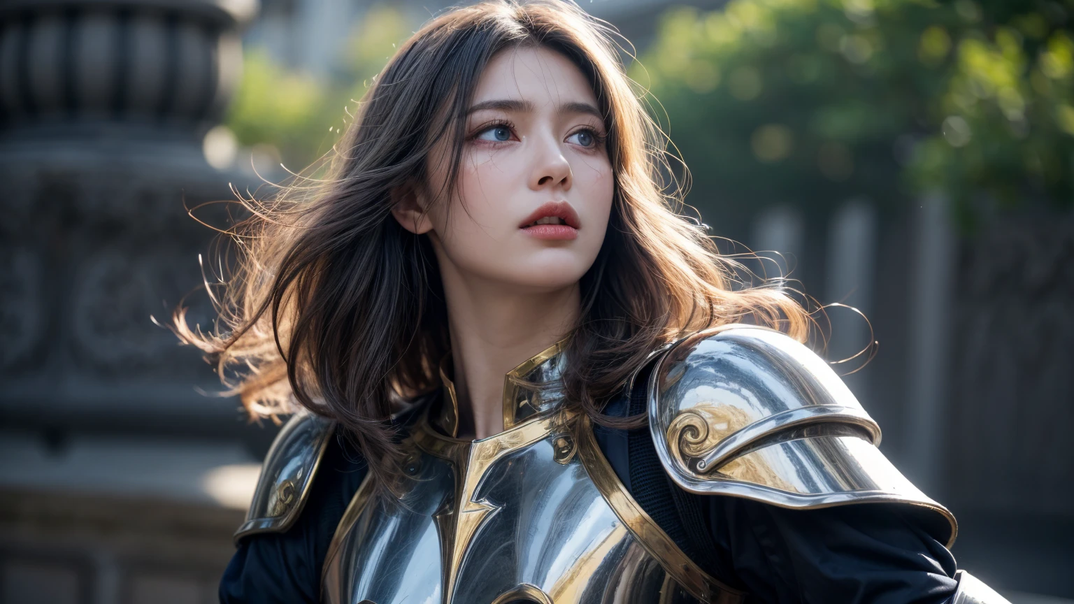 1girl, paladin armor, blue eyes, blurry, at fortress blurry background, blurry foreground, breastplate, , grey hair, depth of field, headpiece princess, Long wavy haircut, looking up, pray pose, tears, motion blur, shoulder armor, solo, tears, full body, (realistic face:1.1)
