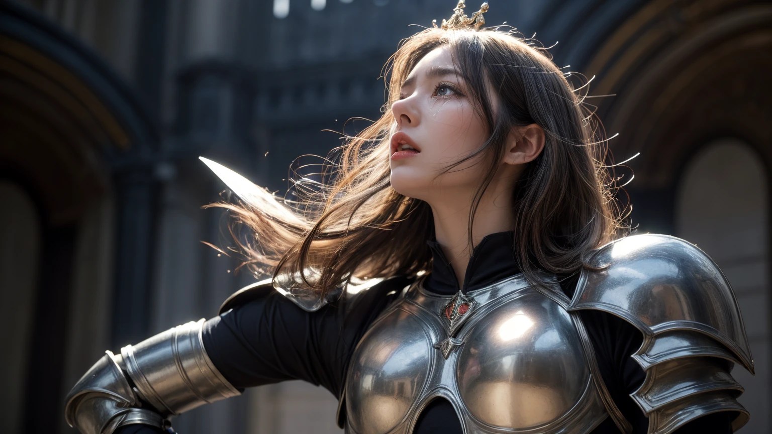 1girl, paladin armor, blue eyes, blurry, at fortress blurry background, blurry foreground, breastplate, breasts, grey hair, depth of field, headpiece princess, Long wavy haircut, looking up, pray pose, tears, motion blur, shoulder armor, solo, tears, full body, (realistic face:1.1)