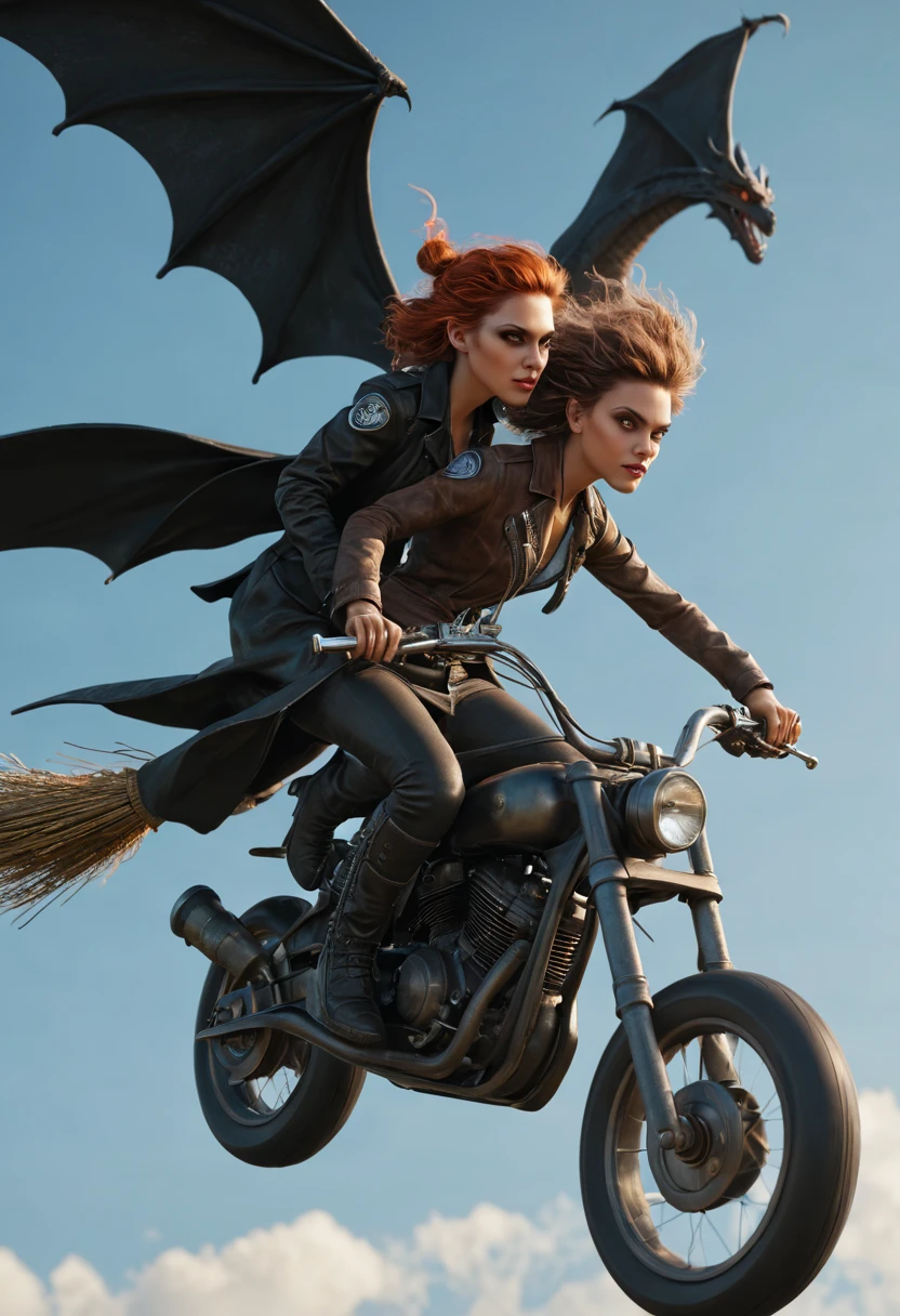 Gerald Brom and Ciruelo Cabral art, . beautiful biker Witch is flying on broom bikes through the sky (motorcycles have brooms instead of wheels) flying through the sky. flying on brooms , flying on broom bikes , beautiful faces, Clouds. A dragon is chasing them. beautiful faces. Art station. 32k. Dramatic light, lots of details. Digital concept art. blended with hyperrealism, highly detailed, Golden Ratio. UHD drawing, artstation, cinematic, perfect composition, 32k, art photography, photorealistic concept art, Dramatic light. Genius. perfect composition,half profile, beautifully detailed, insanely detailed octane render trending, sharp focus, studio photo aesthetic, intricate details, highly detailed, Fantasy.