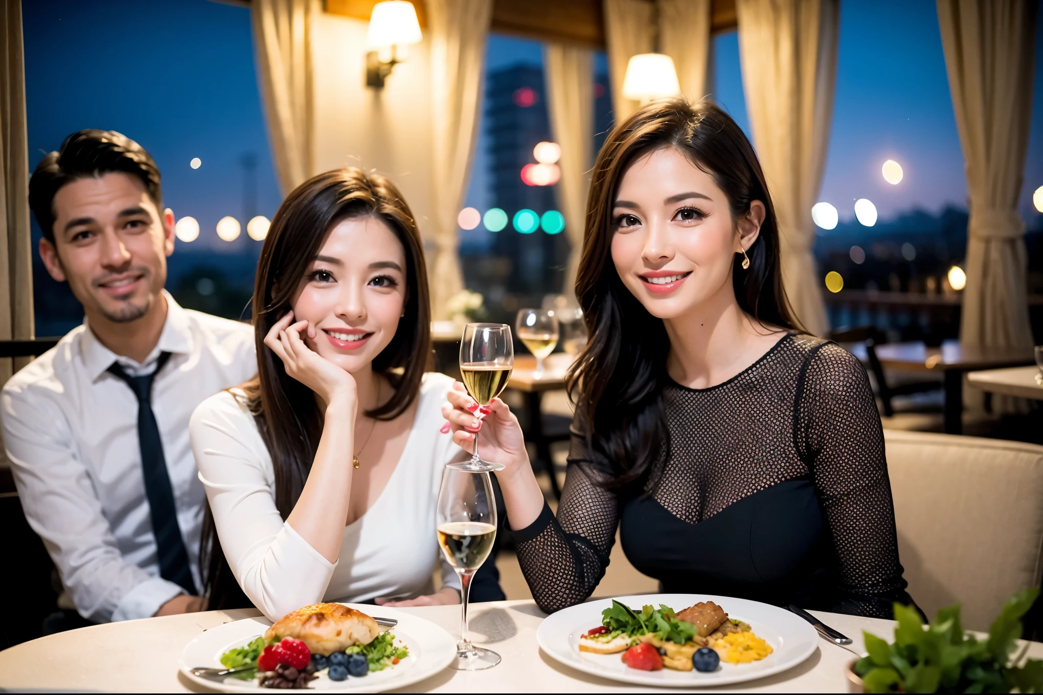 64k, UHD, highest quality, masterpiece: 1.2), (realistic, photorealistic: 1.37), Super detailed, celebration party、beauty、beautiful mature woman、3 women who love wine、Three Men、champagne、Sparkling wine、winter night、restaurantでワイン宴会、(slimな男女4名),(Wine party for 5 people)、(slimフェイス),Happy、 最高なsmile、Fox Face、Raccoon face、Berry Short、(because I'thin), (brown hair), (shortcut), long sleeve shirt、winter fashion、Colombia、Brazilian、Japanese、Dutch、German、Portuguese、Belgian、Italian、french, (gushing), (slimボティ), (brown hair), (shortcut), 端正なbeauty、cheeks blush a little, (41 years old), 38 years old, 35 years old、32 years old、 A beautiful and detailed night view spreads out outside the window....., restaurant, wine glassが座っている, At night, in a prominent place (from the Upper body) nova frog style, actress, model, Upper body, White wine, slim, wine glass, Very beautiful night view, wine glass Put in the Middle, Happy smile, (smile: 1.15),