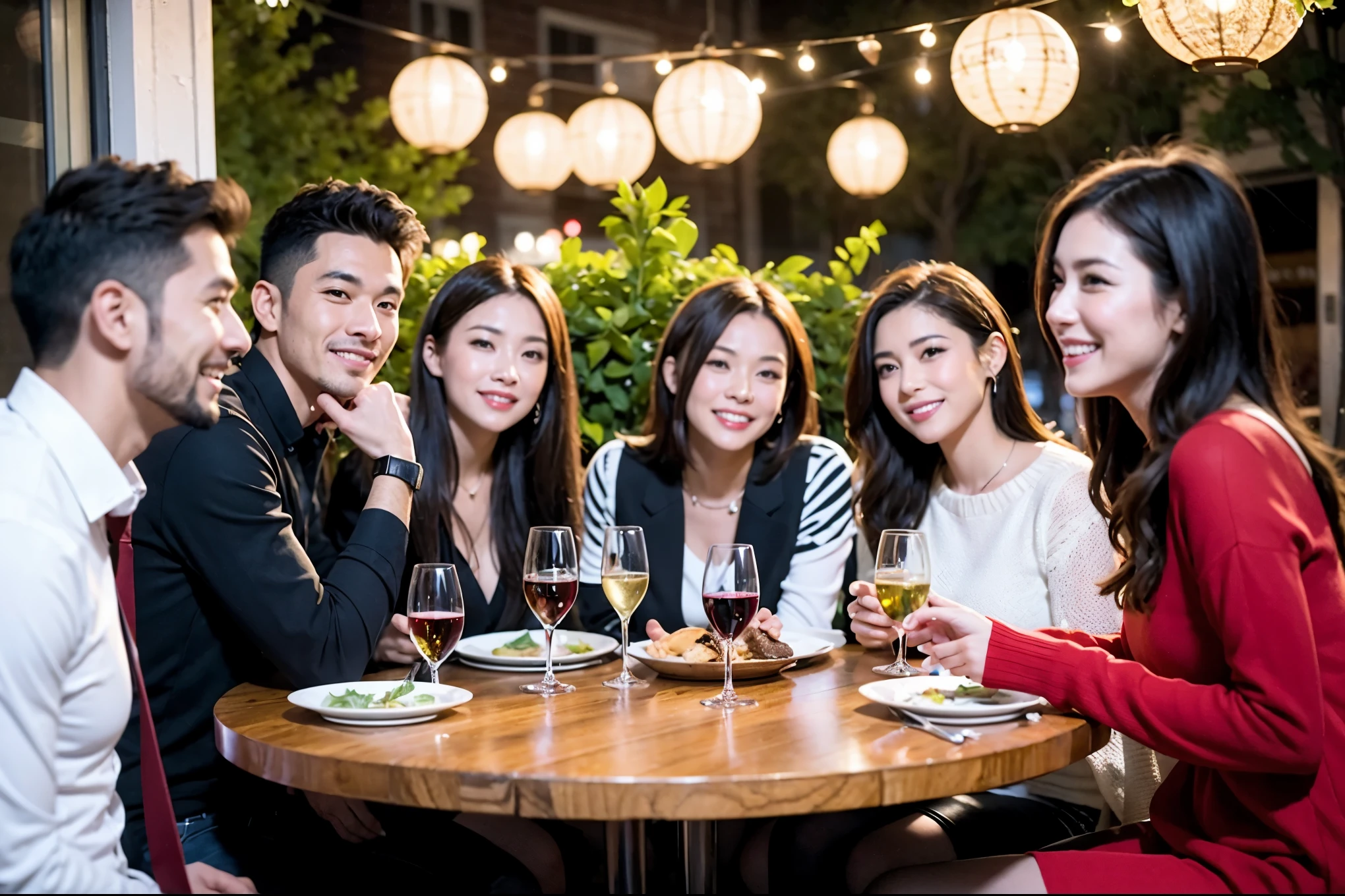 64k, UHD, highest quality, masterpiece: 1.2), (realistic, photorealistic: 1.37), Super detailed, celebration party、beauty、beautiful mature woman、3 women who love wine、Three Men、champagne、Sparkling wine、winter night、restaurantでワイン宴会、(slimな男女4名),(Wine party for 5 people)、(slimフェイス),Happy、 最高なsmile、Fox Face、Raccoon face、Berry Short、(because I&#39;thin), (brown hair), (shortcut), long sleeve shirt、winter fashion、Colombia、Brazilian、Japanese、Dutch、German、Portuguese、Belgian、Italian、french, (gushing), (slimボティ), (brown hair), (shortcut), 端正なbeauty、cheeks blush a little, (41 years old), 38 years old, 35 years old、32 years old、 A beautiful and detailed night view spreads out outside the window....., restaurant, wine glassが座っている, At night, in a prominent place (from the Upper body) nova frog style, actress, model, Upper body, White wine, slim, wine glass, Very beautiful night view, wine glass Put in the Middle, Happy smile, (smile: 1.15), 