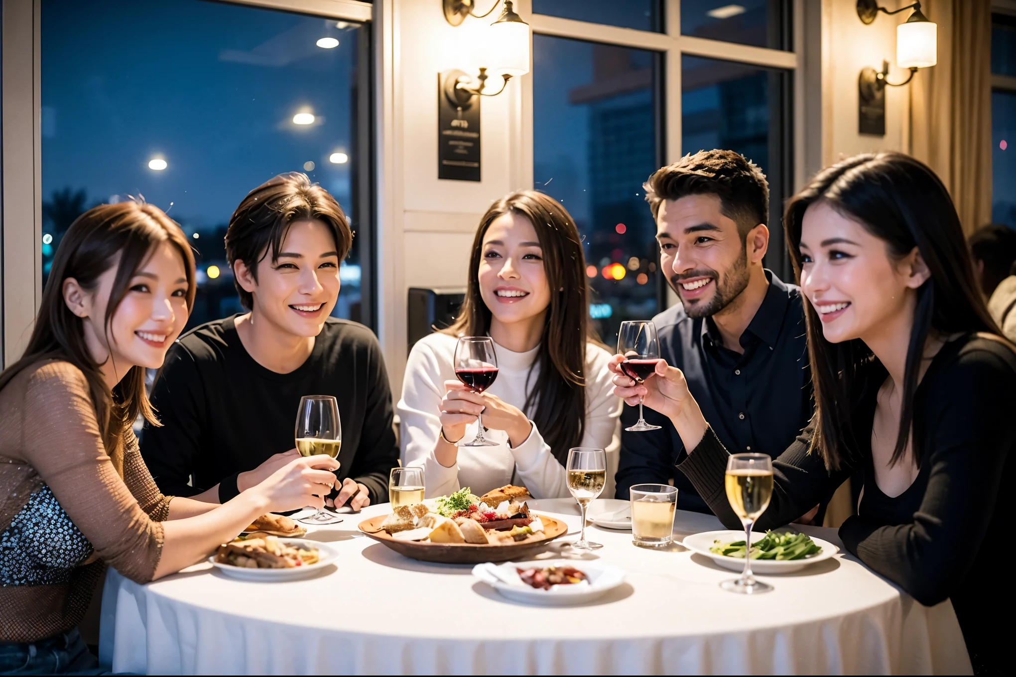 64k, UHD, highest quality, masterpiece: 1.2), (realistic, photorealistic: 1.37), Super detailed, celebration party、beauty、beautiful mature woman、3 women who love wine、Three Men、champagne、Sparkling wine、winter night、restaurantでワイン宴会、(slimな男女4名),(Wine party for 5 people)、(slimフェイス),Happy、 最高なsmile、Fox Face、Raccoon face、Berry Short、(because I&#39;thin), (brown hair), (shortcut), long sleeve shirt、winter fashion、Colombia、Brazilian、Japanese、Dutch、German、Portuguese、Belgian、Italian、french, (gushing), (slimボティ), (brown hair), (shortcut), 端正なbeauty、cheeks blush a little, (41 years old), 38 years old, 35 years old、32 years old、 A beautiful and detailed night view spreads out outside the window....., restaurant, wine glassが座っている, At night, in a prominent place (from the Upper body) nova frog style, actress, model, Upper body, White wine, slim, wine glass, Very beautiful night view, wine glass Put in the Middle, Happy smile, (smile: 1.15), 