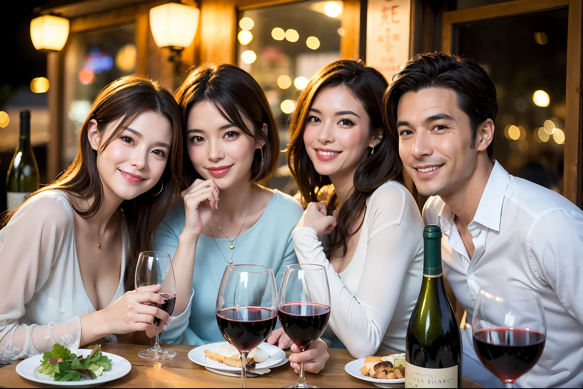 64k, UHD, highest quality, masterpiece: 1.2), (realistic, photorealistic: 1.37), Super detailed, celebration party、beauty、beautiful mature woman、3 women who love wine、Three Men、champagne、Sparkling wine、winter night、restaurantでワイン宴会、(slimな男女4名),(Wine party for 5 people)、(slimフェイス),Happy、 最高なsmile、Fox Face、Berry Short、(because I'thin), (brown hair), (shortcut), long sleeve shirt、winter fashion、Japanese、Dutch、German、Portuguese、Belgian、Italian、french, (gushing), (slimボティ), (brown hair), (shortcut), 端正なbeauty、cheeks blush a little, (34 years old), 38 years old,32 years old、40 years old、 A beautiful and detailed night view spreads out outside the window....., restaurant, wine glassが座っている, At night, in a prominent place (from the Upper body) nova frog style, actress, model, Upper body, White wine, slim, wine glass, Very beautiful night view, wine glass Put in the Middle, Happy smile, (smile: 1.15),