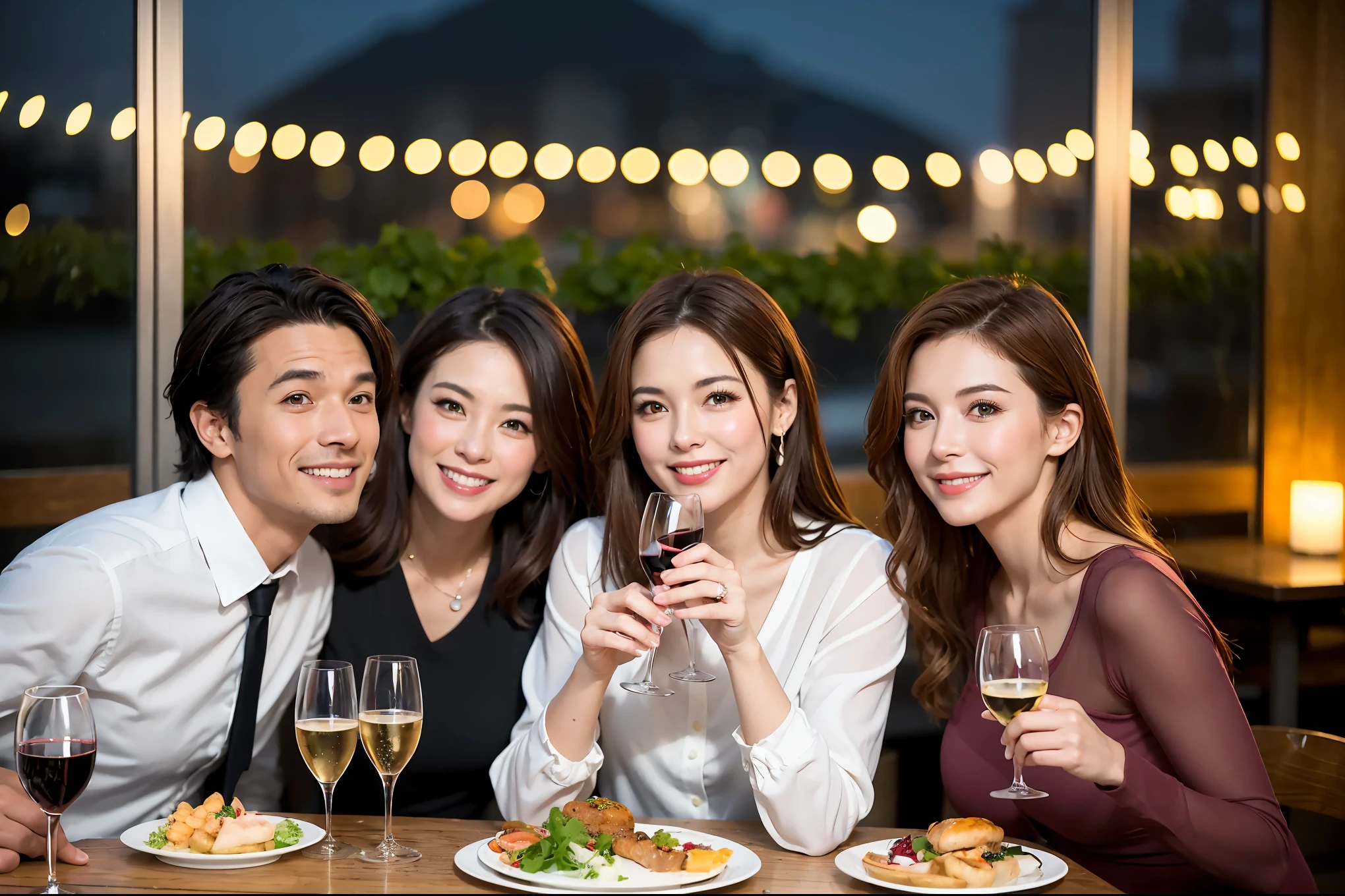 64k, UHD, highest quality, masterpiece: 1.2), (realistic, photorealistic: 1.37), Super detailed, celebration party、beauty、beautiful mature woman、3 women who love wine、Three Men、champagne、Sparkling wine、winter night、restaurantでワイン宴会、(slimな男女4名),(Wine party for 5 people)、(slimフェイス),Happy、 最高なsmile、Fox Face、Berry Short、(because I&#39;thin), (brown hair), (shortcut), long sleeve shirt、winter fashion、Japanese、Dutch、German、Portuguese、Belgian、Italian、french, (gushing), (slimボティ), (brown hair), (shortcut), 端正なbeauty、cheeks blush a little, (34 years old), 38 years old,32 years old、40 years old、 A beautiful and detailed night view spreads out outside the window....., restaurant, wine glassが座っている, At night, in a prominent place (from the Upper body) nova frog style, actress, model, Upper body, White wine, slim, wine glass, Very beautiful night view, wine glass Put in the Middle, Happy smile, (smile: 1.15), 