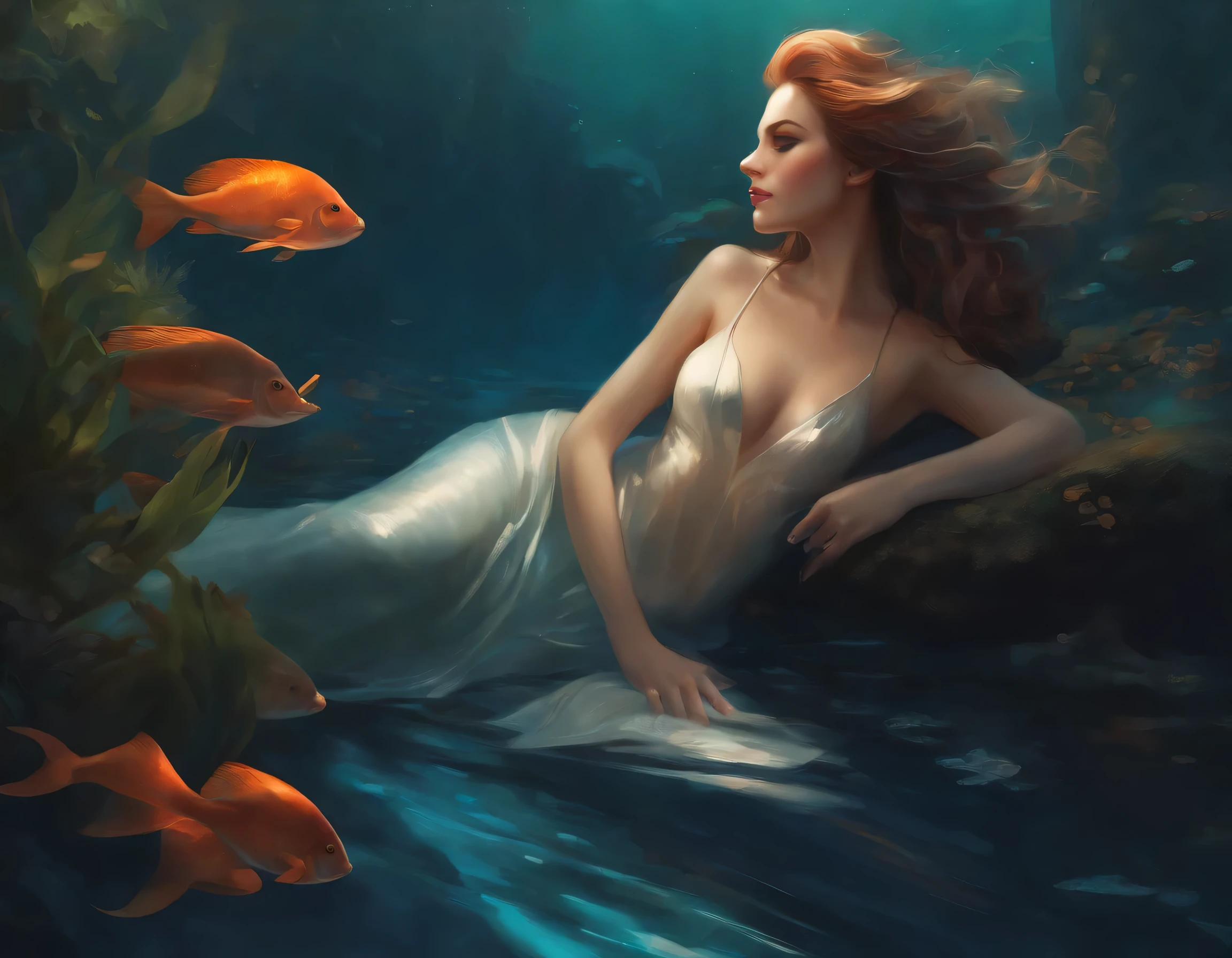 A potrait of elizatkn as a mermaid , realistic shaded, fine details. Night setting. Very anime style. Realistic shaded lighting poster by Ilya Kuvshinov katsuhiro, magali villeneuve, artgerm, Jeremy Lipkin and Michael Garmash, Rob Rey and Kentar Miura style, trending on art station