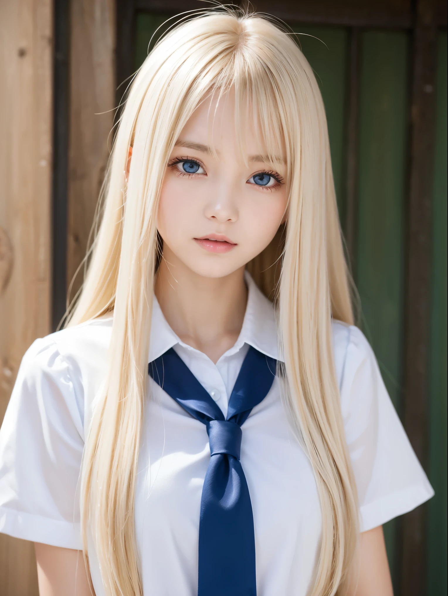 Sexy 17 year old girl with shiny blonde silky hair dazzling、Cute sexy little beautiful face with shiny hair dancing in front of beautiful cute face、long silky bangs that cover the eyes、beautiful bright pale white light blue big eyes,,、 Straight silky hair with super long hair that hides the face、sexy cute young woman、school uniform、small face beauty、Pure white and beautiful shiny skin、