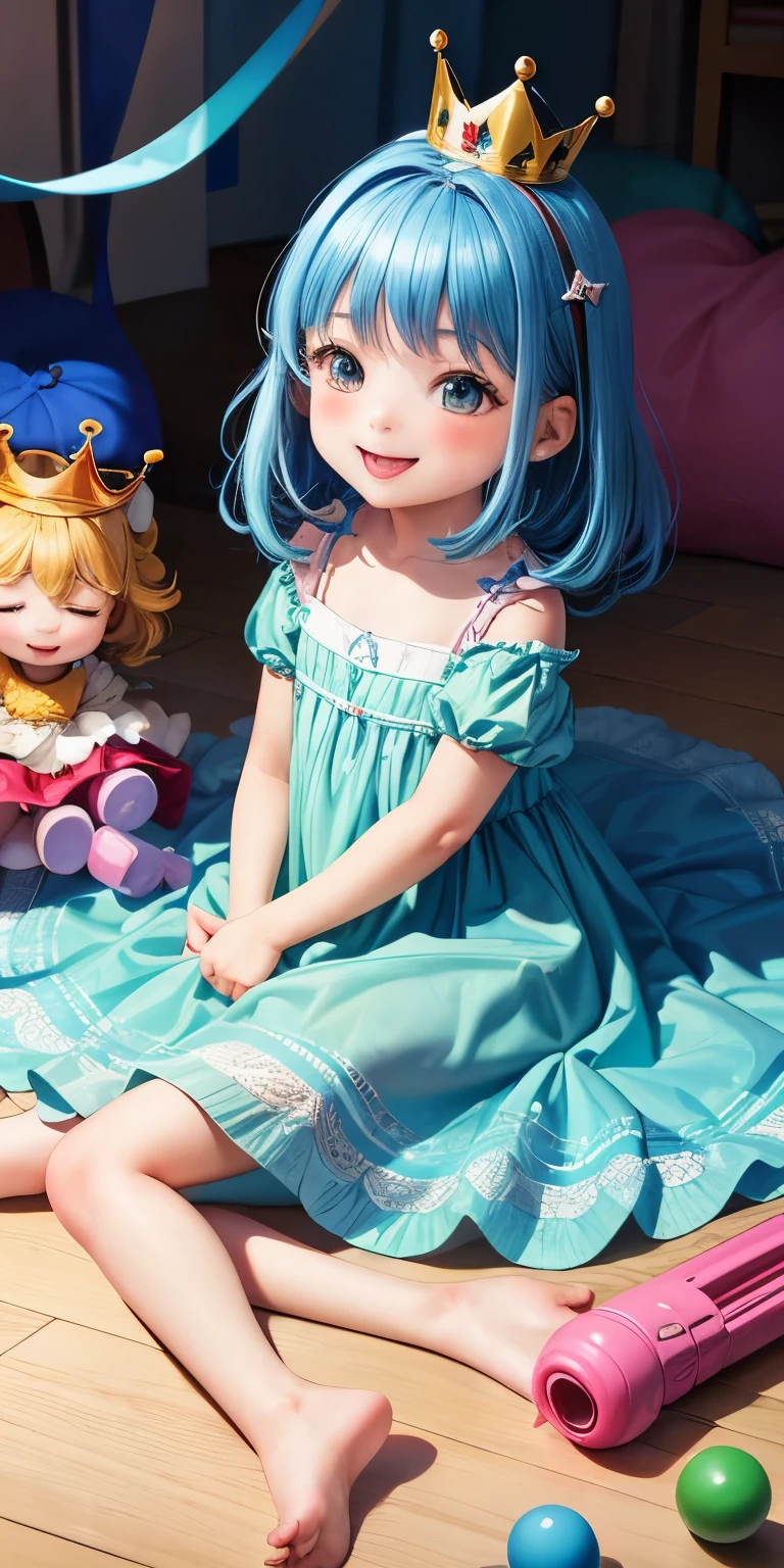 Image of a happy -year-girl ying with her toys and a big doll in a princess dress and crown