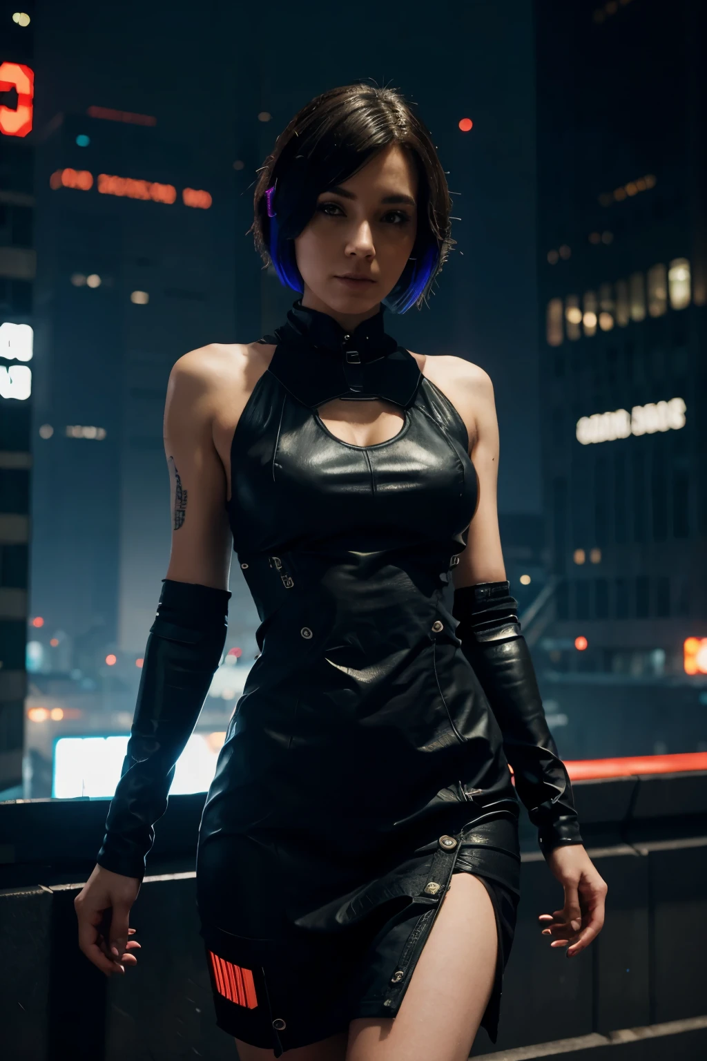 short hair, with very detailed cyberpunk dress, futuristic, sci-fi, military