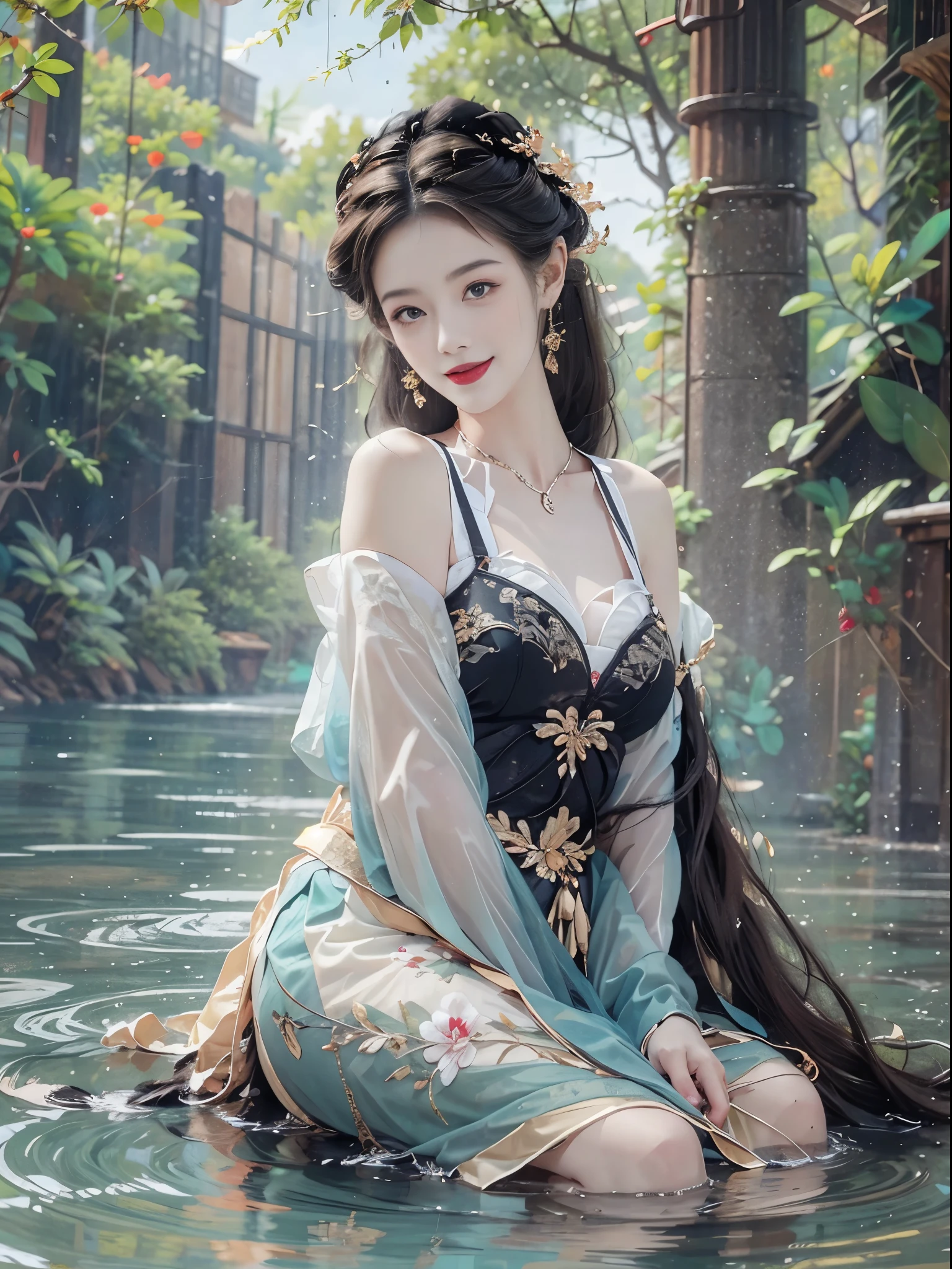 (best quality,Super detailed,actual:1.37), 1girl, fashi-girl, red lips, mature female, makeup, portrait,beautiful young girl,young female model,river bank and rock or temple or bridge, sitting position,sitting on a rock,Soaked all over,masterpiece,extremely detailed description,Super beautiful paintings,Detailed face,Big breasts,slim figure,long legs,play with water,smiling,bright smile