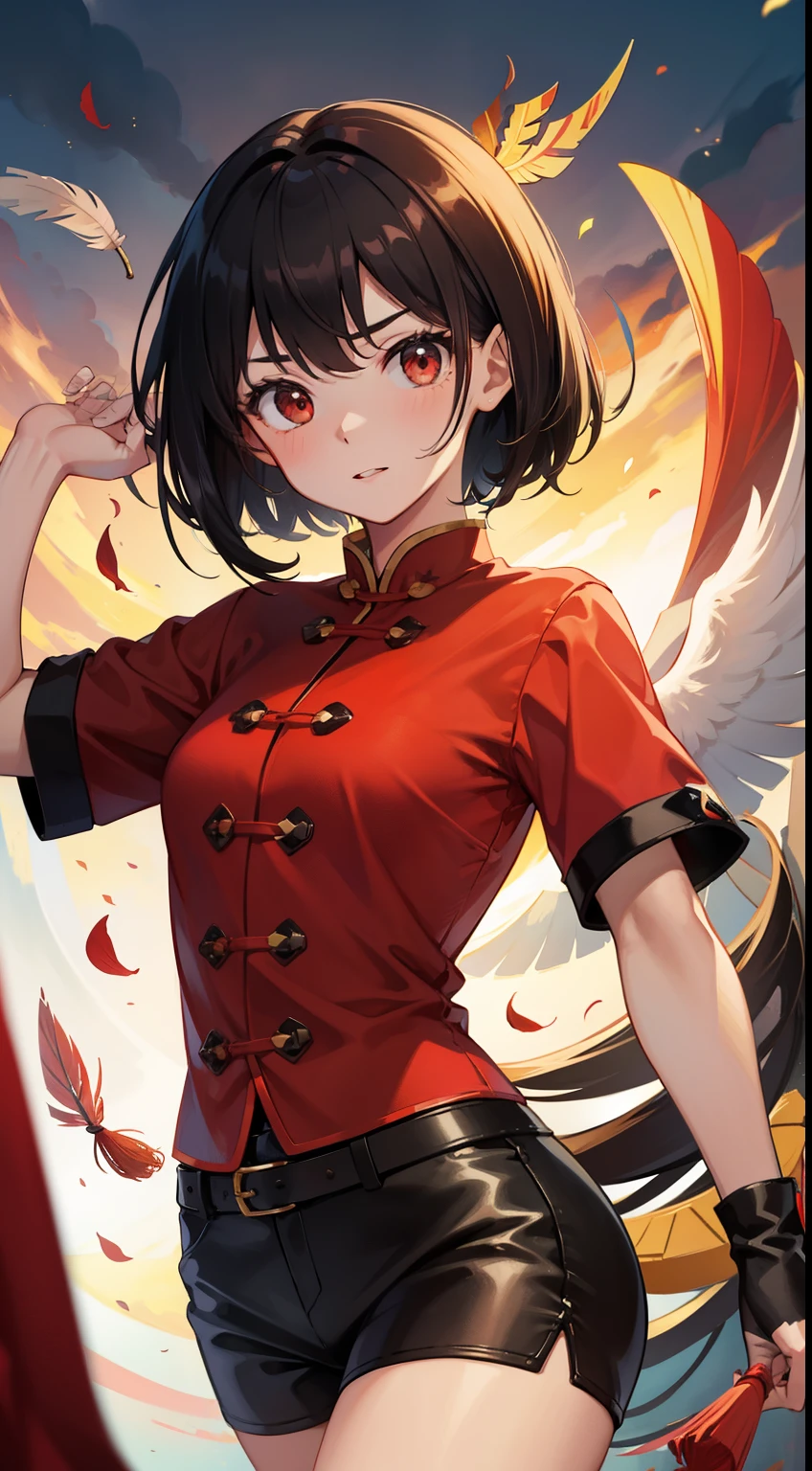 young girl, short black hair, red-eyes, Chinese red short-sleeved shirt, Via Hanifa, frown, muscular woman, Feather Fan, Masterpiece, hiquality