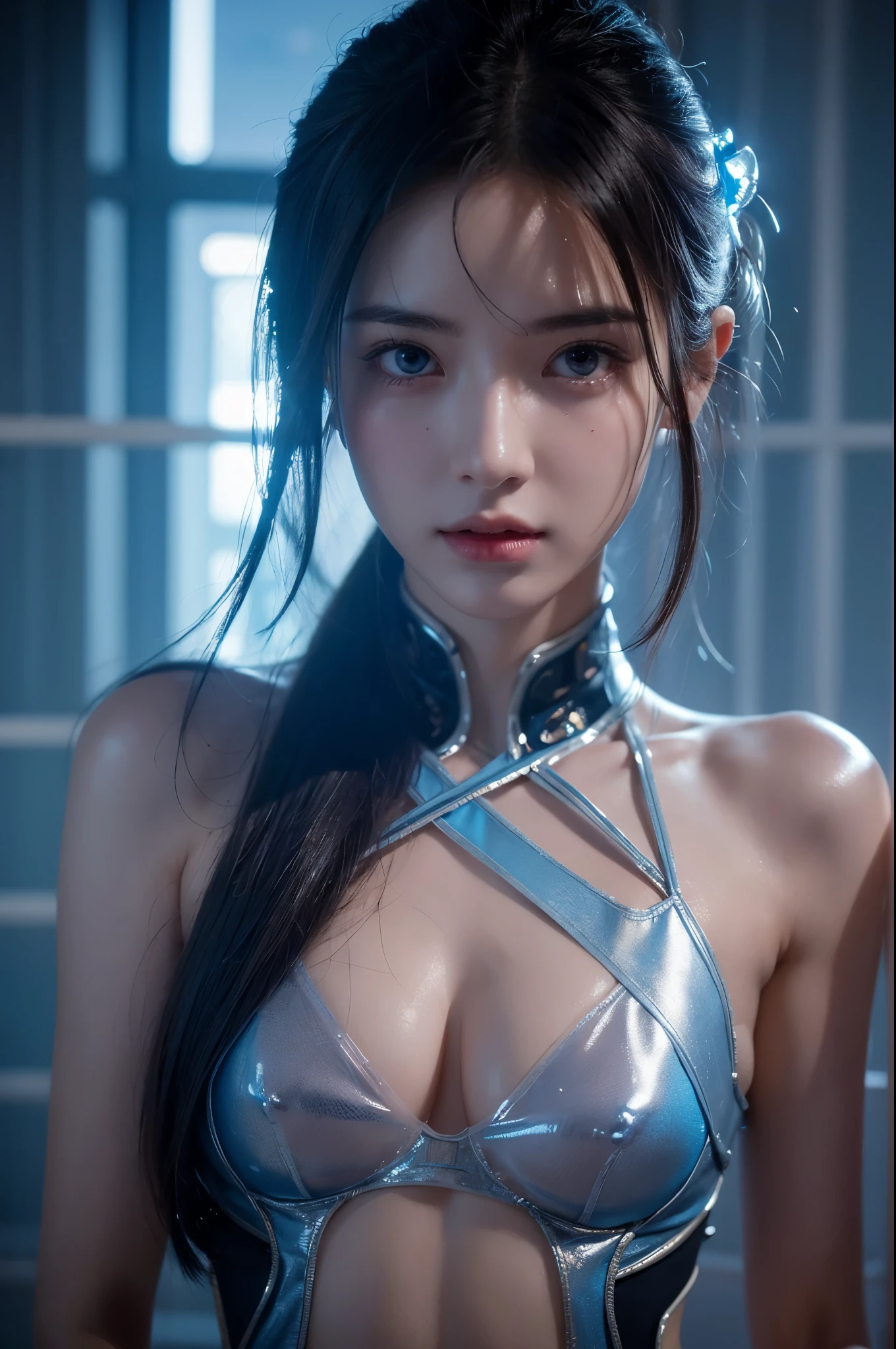 8K, master's work, complete figure, focusing on calves, 18 years old, wearing transparent science fiction clothes, exquisite faces, details, hands, ultimate details, amazing magnificent, LED internal lighting, Cyberpunk style, fiber fiber hair , Glowing blue iris,