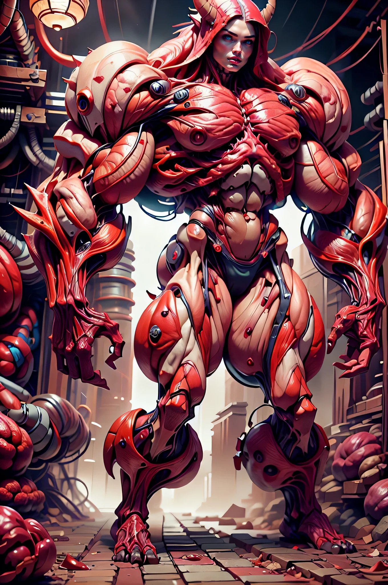 (1 girl), (megan fox:1.25), (beautiful girl face:1.25), (carnage skinless physique:1.25), (red glowing eyes:1.25), (1 super muscular undead skinless succubus with gigantic horns:1.25), (covered in red necrotic rotting skinless muscle:1.25), (exposed muscular and skeletal anatomy:1.25), (perfect fingers:1.25),(8k, RAW photo, photorealistic:1.25), dark horrific scary atmosphere, hellish landscape, Hellraiser like atmosphere,