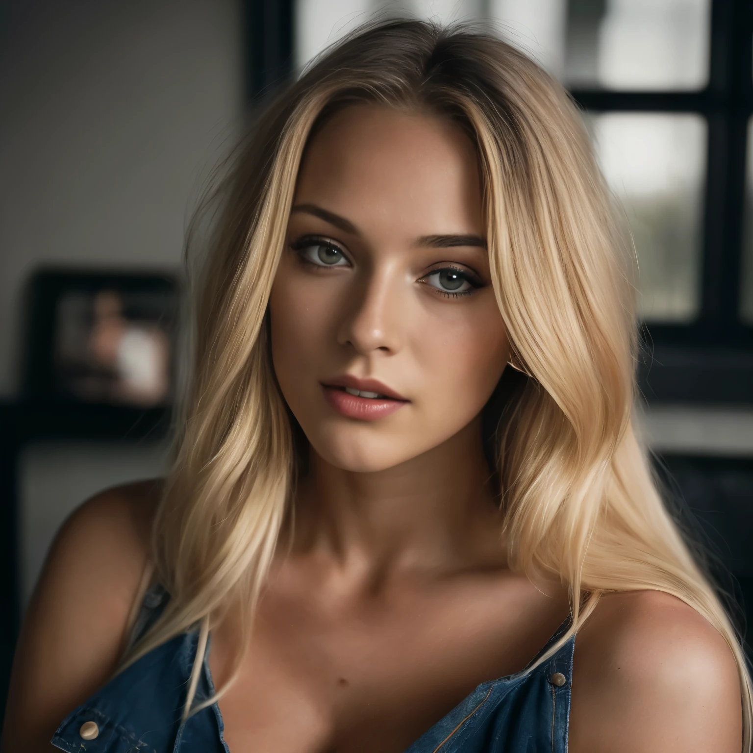 (close-up, editorial photograph of a 23 year old woman with long blonde hair), (highly detailed face:1.4) (smile:0.7) (background inside dark, moody, private study:1.3) POV, by lee jeffries, nikon d850, film stock photograph ,4 kodak portra 400 ,camera f1.6 lens ,rich colors ,hyper realistic ,lifelike texture, dramatic lighting , cinestill 800,good body and big cleavage wearing t-shirt and short jeans lying on road, big