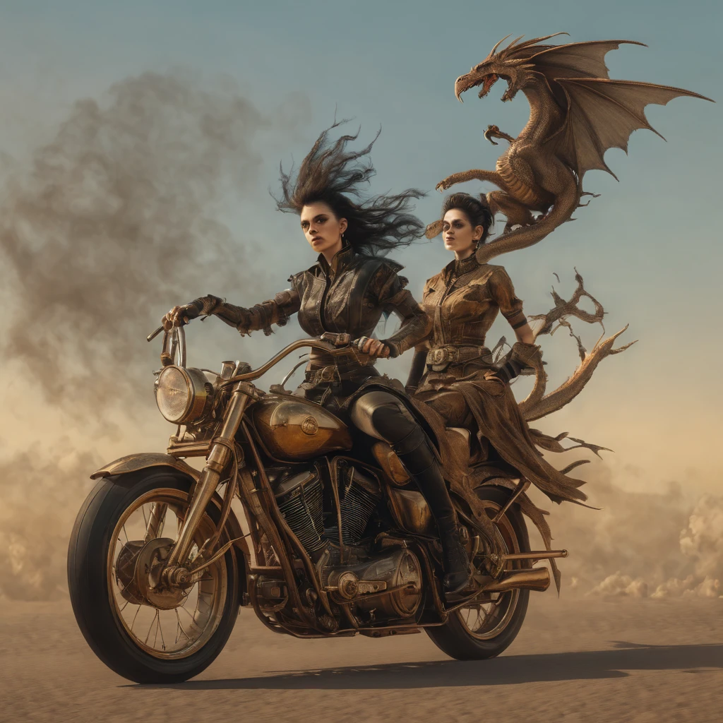 A realistic and detailed image of a sexy and hot steampunk witch traveling on a steampunk flying motorbike, with a demonic creature riding behind her