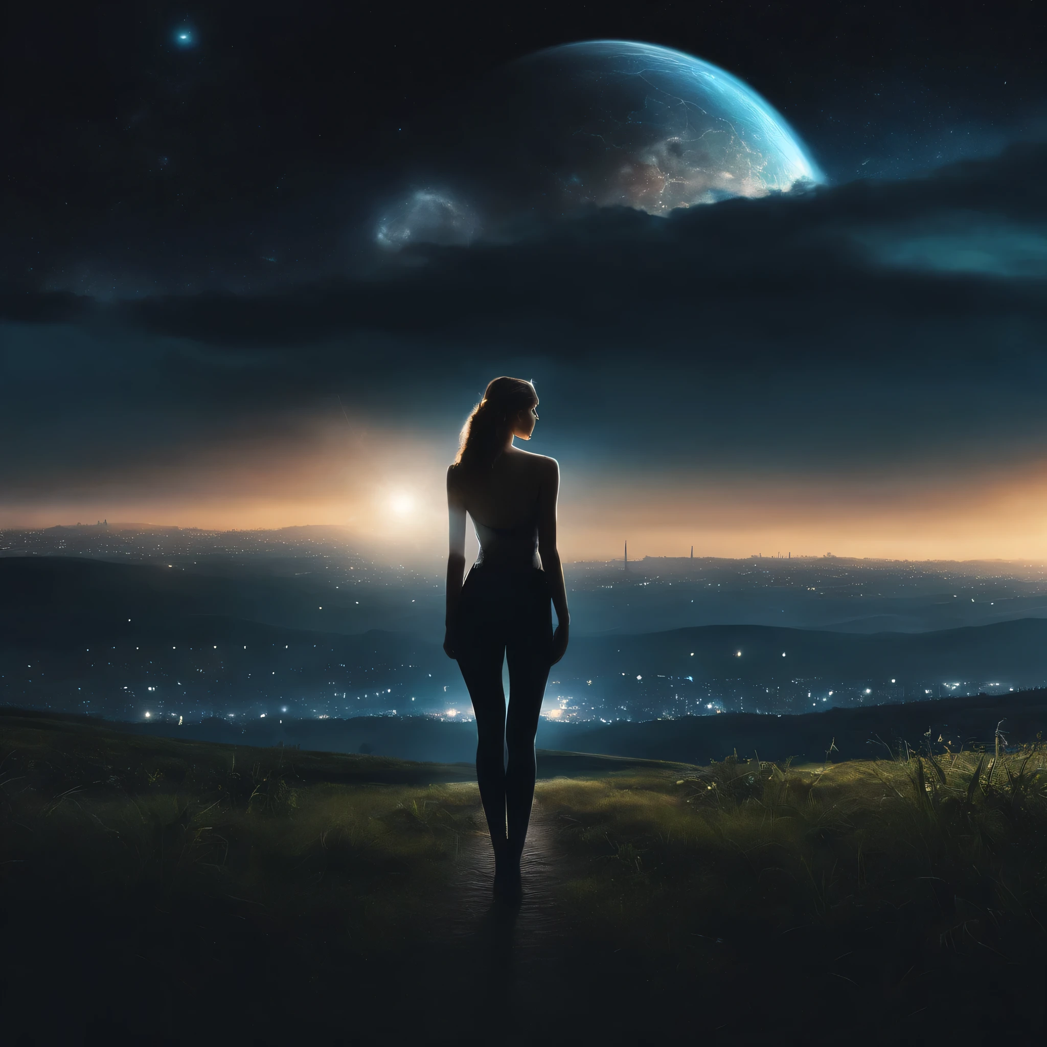 field, A distant star floating in the dark sky, Huge platform in the foreground, high tech spaceship, Fantastically beautiful girl, Beyond Sky Fi, nice young face, Probably hair will grow, beautiful figure, many details, lightning. fastener, Device fasteners, wire. correct anatomy, correct facial features, Body proportions, big expressive eyes. love for the whole universe. A masterpiece that is not an earthly creation, cyberpunk elements, robot combat, turret , technology. extraterrestrial civilization. Love at first sight.