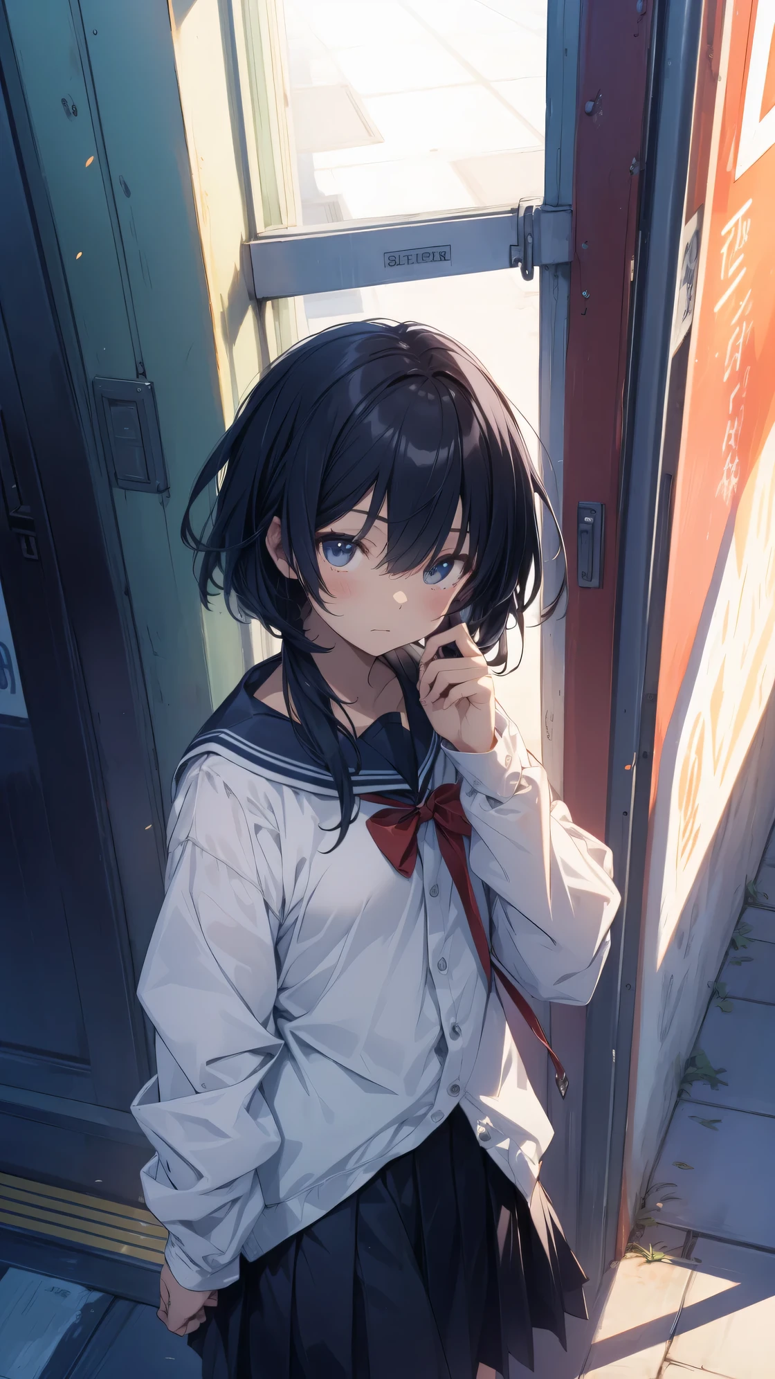 Super high quality by the art god, super detailed, High resolution, Shinkai Makoto style, anime moe art style, best anime 8K konachan wallpaper, pixiv contest winner, perfect anatomy, break,(眠そうにalone学校へ行く女の子を描いてください. ),break, 1 girl, (alone,lolita, , 13 years old:1.3),All limbs, full finger,, androgynous charm, (very short hair), messy hair, flat chest, Because I'm slender, small ass, between legs, Small black eyes, beautiful and fine eyes, Well-proportioned iris and pupils, expressive eyes,disgusted eyes, High resolutionの詳細な髪, wearing school uniform, (skirt),(detailed lighting), (detailed background), On the way to school. break,super dense skin, Best lighting by famous artists, 8K,cute illustration,UHD, rough skin