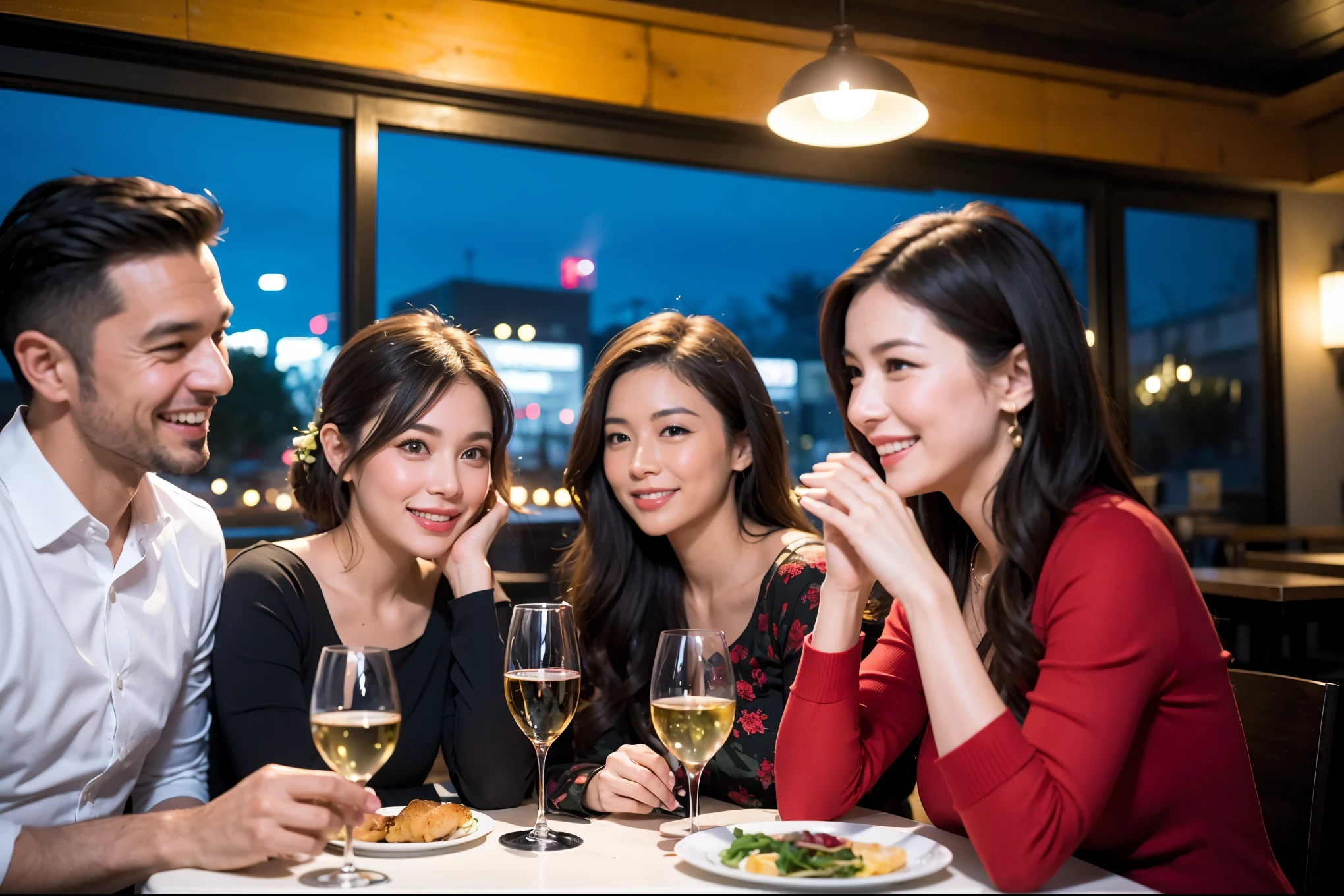 64k, UHD, highest quality, masterpiece: 1.2), (realistic, photorealistic: 1.37), Super detailed, celebration party、beauty、beautiful mature woman、3 women who love wine、Three Men、champagne、Sparkling wine、winter night、restaurantでワイン宴会、(slimな男女4名),(Wine party for 5 people)、(slimフェイス),Happy、 最高なsmile、Fox Face、Berry Short、(because I&#39;thin), (brown hair), (shortcut), long sleeve shirt、winter fashion、Brazilian、Japanese、Dutch、German、Portuguese、Belgian、Italian、french, (gushing), (slimボティ), (brown hair), (shortcut), 端正なbeauty、cheeks blush a little, (41 years old), 38 years old, 35 years old、32 years old、 A beautiful and detailed night view spreads out outside the window....., restaurant, wine glassが座っている, At night, in a prominent place (from the Upper body) nova frog style, actress, model, Upper body, White wine, slim, wine glass, Very beautiful night view, wine glass Put in the Middle, Happy smile, (smile: 1.15), 