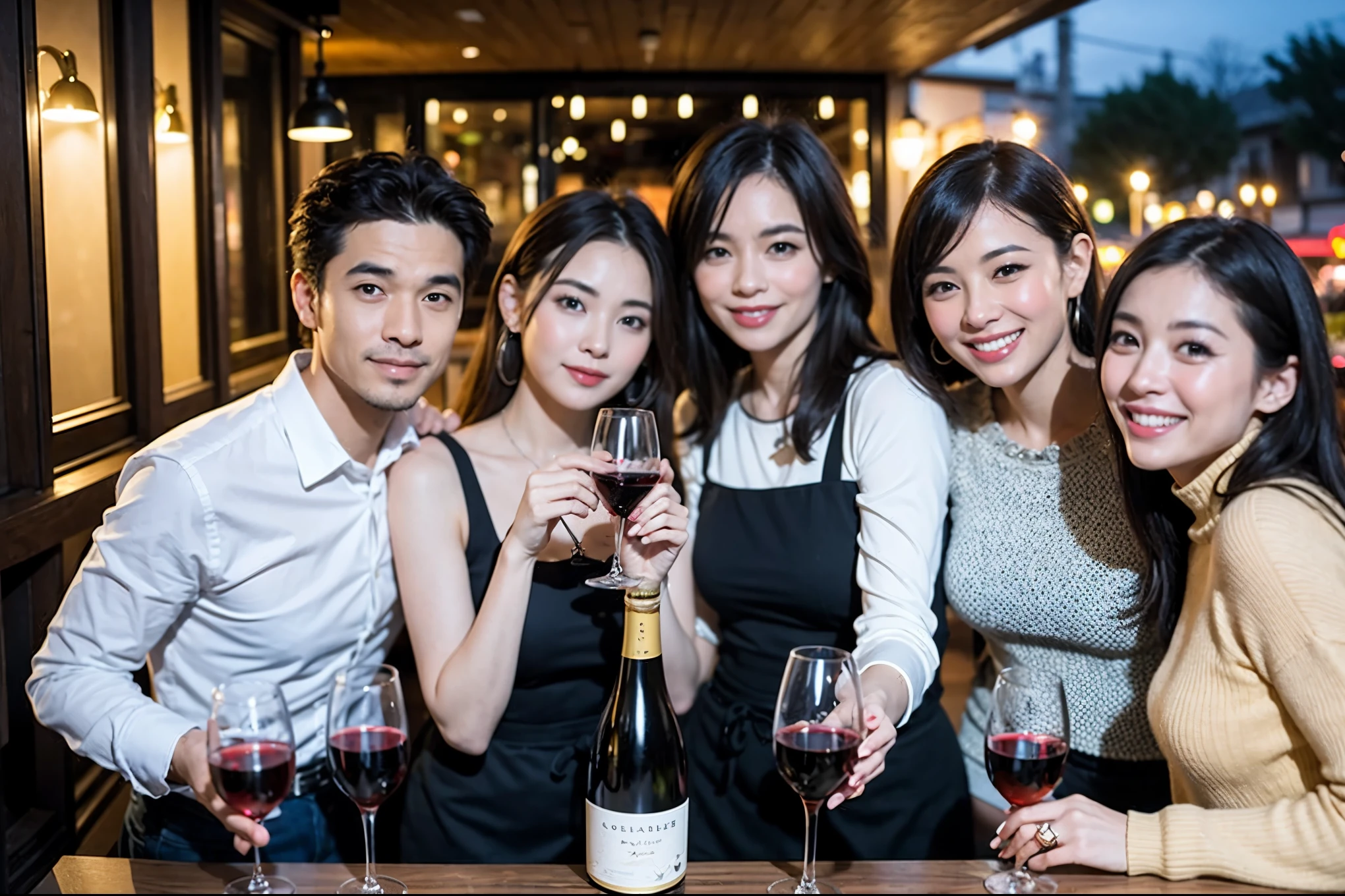 64k, UHD, highest quality, masterpiece: 1.2), (realistic, photorealistic: 1.37), Super detailed, celebration party、beauty、beautiful mature woman、3 women who love wine、Three Men、champagne、Sparkling wine、winter night、restaurantでワイン宴会、(slimな男女4名),(Wine party for 5 people)、(slimフェイス),Happy、 最高なsmile、Fox Face、Berry Short、(because I'thin), (brown hair), (shortcut), long sleeve shirt、winter fashion、Brazilian、Japanese、Dutch、German、Portuguese、Belgian、Italian、french, (gushing), (slimボティ), (brown hair), (shortcut), 端正なbeauty、cheeks blush a little, (41 years old), 38 years old, 35 years old、32 years old、 A beautiful and detailed night view spreads out outside the window....., restaurant, wine glassが座っている, At night, in a prominent place (from the Upper body) nova frog style, actress, model, Upper body, White wine, slim, wine glass, Very beautiful night view, wine glass Put in the Middle, Happy smile, (smile: 1.15),