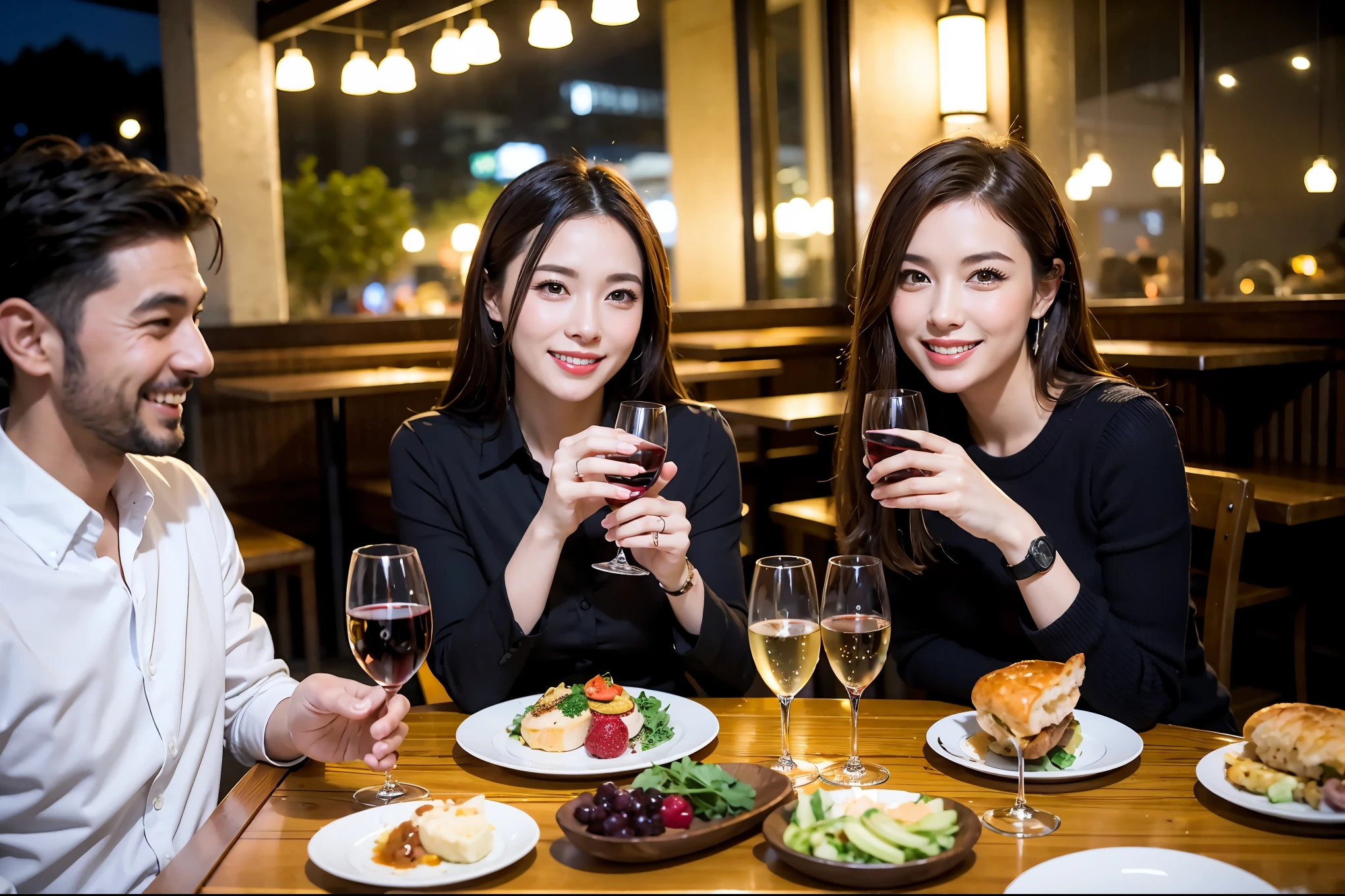 64k, UHD, highest quality, masterpiece: 1.2), (realistic, photorealistic: 1.37), Super detailed, celebration party、beauty、beautiful mature woman、3 women who love wine、Three Men、champagne、Sparkling wine、winter night、restaurantでワイン宴会、(slimな男女4名),(Wine party for 5 people)、(slimフェイス),Happy、 最高なsmile、Fox Face、Berry Short、(because I'thin), (brown hair), (shortcut), long sleeve shirt、winter fashion、Japanese、Dutch、German、Portuguese、Belgian、Italian、french, (gushing), (slimボティ), (brown hair), (shortcut), 端正なbeauty、cheeks blush a little, (34 years old), 38 years old,32 years old、40 years old、 29yo、A beautiful and detailed night view spreads out outside the window....., restaurant, wine glassが座っている, At night, in a prominent place (from the Upper body) nova frog style, actress, model, Upper body, White wine, slim, wine glass, Very beautiful night view, wine glass Put in the Middle, Happy smile, (smile: 1.15),