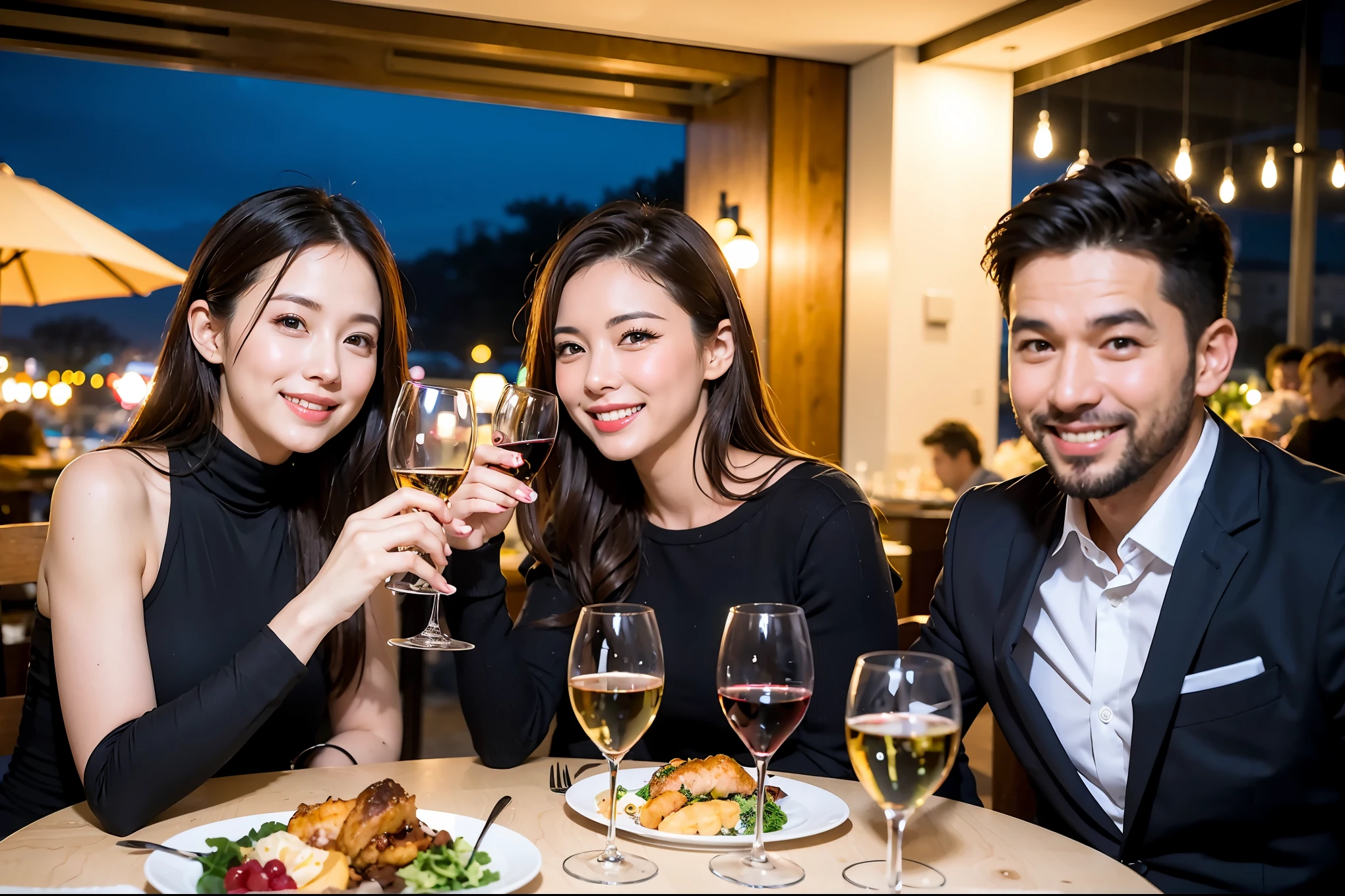 64k, UHD, highest quality, masterpiece: 1.2), (realistic, photorealistic: 1.37), Super detailed, celebration party、beauty、beautiful mature woman、3 women who love wine、Three Men、champagne、Sparkling wine、winter night、restaurantでワイン宴会、(slimな男女4名),(Wine party for 5 people)、(slimフェイス),Happy、 最高なsmile、Fox Face、Berry Short、(because I'thin), (brown hair), (shortcut), long sleeve shirt、winter fashion、Japanese、Dutch、German、Portuguese、Belgian、Italian、french, (gushing), (slimボティ), (brown hair), (shortcut), 端正なbeauty、cheeks blush a little, (34 years old), 38 years old,32 years old、40 years old、 29yo、A beautiful and detailed night view spreads out outside the window....., restaurant, wine glassが座っている, At night, in a prominent place (from the Upper body) nova frog style, actress, model, Upper body, White wine, slim, wine glass, Very beautiful night view, wine glass Put in the Middle, Happy smile, (smile: 1.15),