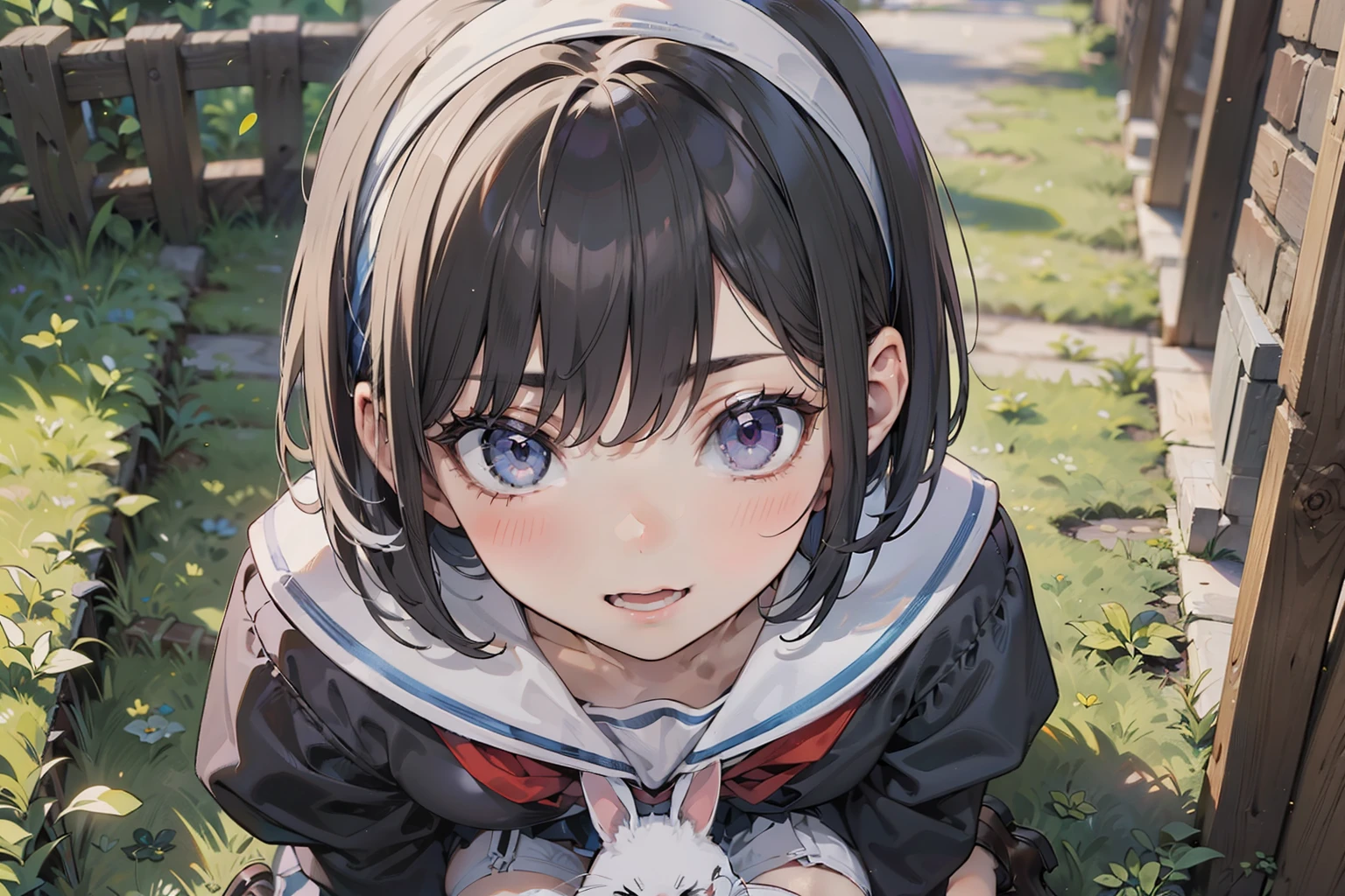 8K, highest quality, masterpiece, Super detailed, ultra high resolution, realistic, RAW photo, absolute resolution, small face compared to body, very small face, black hair, High school girl wearing a navy sailor suit, Anime 2D rendering, realistic若いアニメの女子高生, ((White headband)), purple eyes, small breasts, tall, slanted eyes, (school scenery), black stockings, bright color, open your mouth, Dark blue skirt, bob cut, position looking down from above, bend your knees, sit, hold a rabbit on your lap, smile,