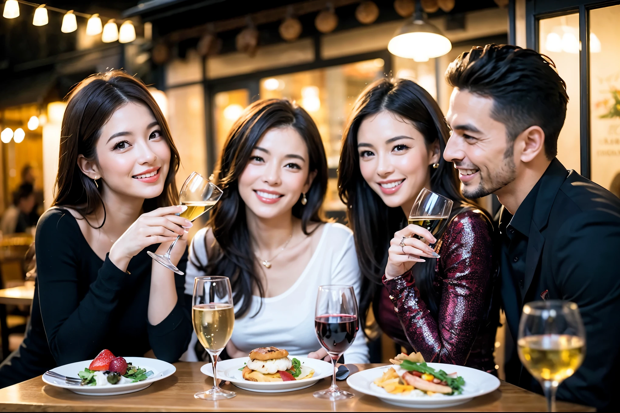 64k, UHD, highest quality, masterpiece: 1.2), (realistic, photorealistic: 1.37), Super detailed, celebration party、beauty、beautiful mature woman、3 women who love wine、Three Men、champagne、Sparkling wine、winter night、restaurantでワイン宴会、(slimな男女4名),(Wine party for 5 people)、(slimフェイス),Happy、 最高なsmile、Fox Face、Berry Short、(because I'thin), (brown hair), (shortcut), long sleeve shirt、winter fashion、Colombia、Brazilian、Japanese、Dutch、German、Portuguese、Belgian、Italian、french, (gushing), (slimボティ), (brown hair), (shortcut), 端正なbeauty、cheeks blush a little, (41 years old), 38 years old, 35 years old、32 years old、 28 years old、A beautiful and detailed night view spreads out outside the window....., restaurant, wine glassが座っている, At night, in a prominent place (from the Upper body) nova frog style, actress, model, Upper body, White wine, slim, wine glass, Very beautiful night view, wine glass Put in the Middle, Happy smile, (smile: 1.15),