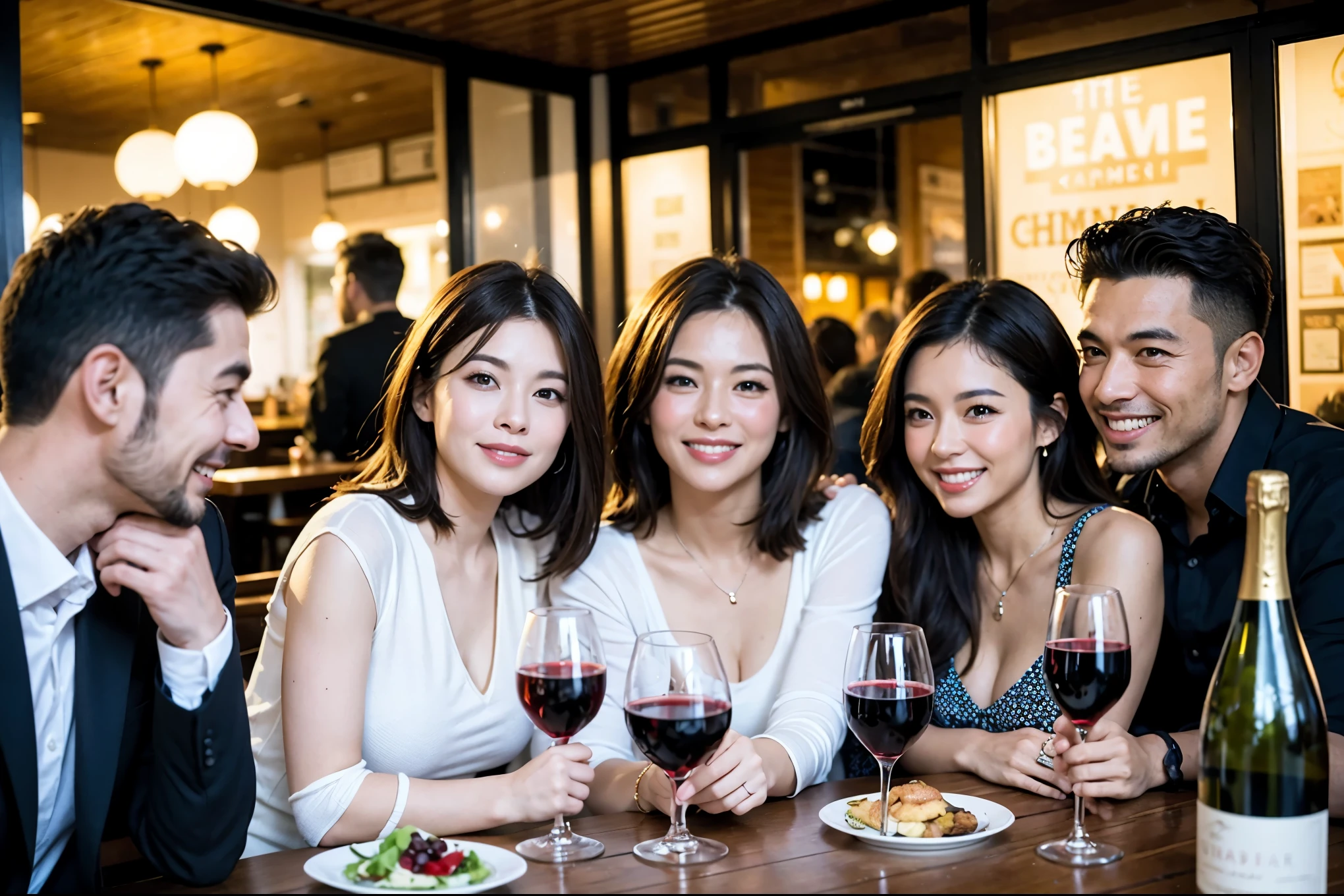 64k, UHD, highest quality, masterpiece: 1.2), (realistic, photorealistic: 1.37), Super detailed, celebration party、beauty、beautiful mature woman、3 women who love wine、Three Men、champagne、Sparkling wine、winter night、restaurantでワイン宴会、(slimな男女4名),(Wine party for 5 people)、(slimフェイス),Happy、 最高なsmile、Fox Face、Berry Short、(because I'thin), (brown hair), (shortcut), long sleeve shirt、winter fashion、Colombia、Brazilian、Japanese、Dutch、German、Portuguese、Belgian、Italian、french, (gushing), (slimボティ), (brown hair), (shortcut), 端正なbeauty、cheeks blush a little, (41 years old), 38 years old, 35 years old、32 years old、 28 years old、A beautiful and detailed night view spreads out outside the window....., restaurant, wine glassが座っている, At night, in a prominent place (from the Upper body) nova frog style, actress, model, Upper body, White wine, slim, wine glass, Very beautiful night view, wine glass Put in the Middle, Happy smile, (smile: 1.15), 