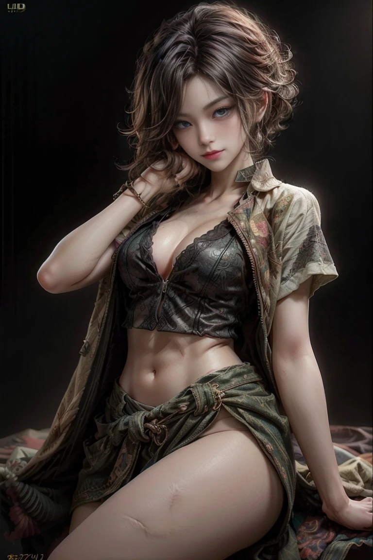 (best quality:1.6), (masterpiece:1.2), (realistic:1.4), taller slim woman, (hair over one eye:1.3), (mekakure:1.3), (asymmetrical blonde hair:1.3), (dark eye makeup:1.3), (Dark black eyeshadow:1.3), (handsome face:1.3), (brown skin:1.4), (tanned skin:1.4), (bronze skin:1.4), (dark skin:1.4), (mahogany colored skin:1.3), (gorgeous eyes:1.1), many piercings, toned abs, half-closed eyes, (open legs:1.1), (knees up:1.2), (staring at me:1.2), (provocative teethy smile:1.2), arm to head, front open shirt, unbuttoned to the belly, confident expression, bare foot, bare legs, Asian gal girl, luxurious bedroom, dynamic pose, cinematic angle, Detailed drawing, perfect anatomy, (High Resolution), (high detailed skin), ((top-quality)), ((High Definition)), high quality shadow, mostly cloudy sky, detailed background, ((Unbeatable masterpiece)), Maximum clarity and sharpness, Multi-layer Textures, Post-Processing, Anisotropic Filtering, octane render, two-tone lighting, professional photography, Realistic portrait, White balance, Long Exposure, Low ISO, 8K RAW, perfect hands, detailed fingers, Ray Tracing, Depth of Field, (((Photorealistic))), anatomically correct, (((Best Quality))), (((Super Detail))), (((UHD)))