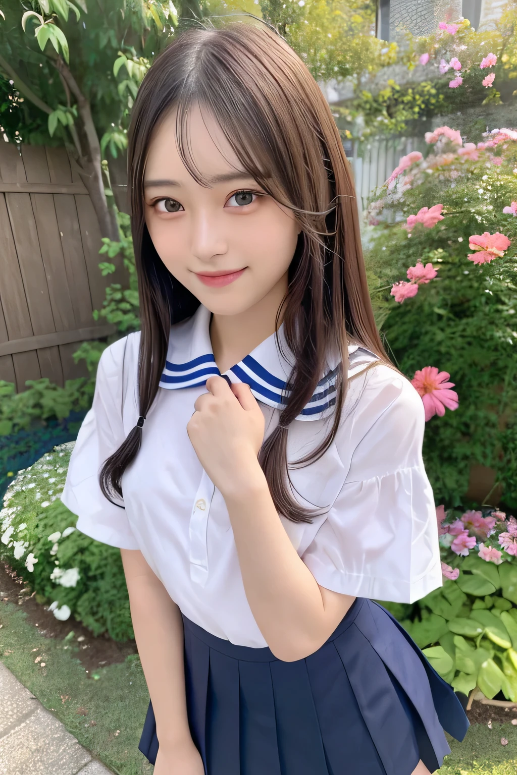 pieces fly、masterpiece、highest quality、Super detailed、High resolution、High resolution、8K portrait、unity 8k wallpaper、Detailed CG、unity 8k wallpaper、Detailed CGユニティ8kの壁紙、realistic、real person、portrait photography、shiny skin、(25 years old:1.2)、High resolution、beautiful clear eyes、very detailed explanation、delicate face、nice lips、thin waist、thin legs、1 girl、(garden:1.3)、(shirt, serafuku, crew_collar, school uniform, pleated skirt)、(big smile:1.2)、(take a pose:1.4)、(flat chest:1.4)