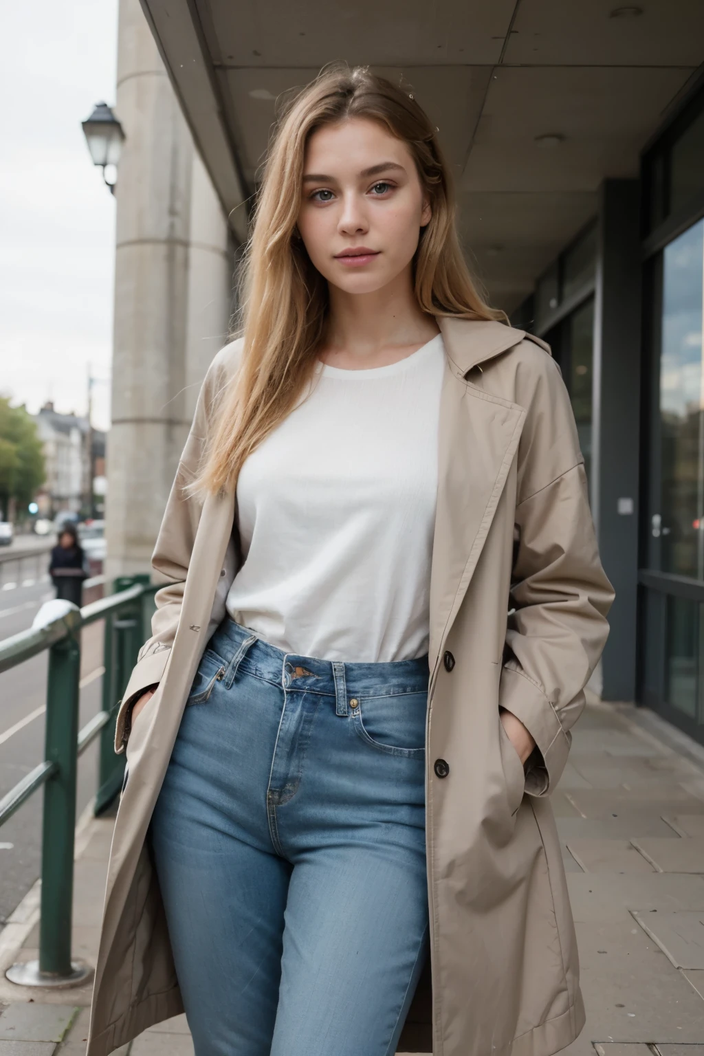 Best quality, masterpiece, super high resolution, super realistic, white european girl, green eyes, blond hair,

158 cm tall
she is a petit
clear rough skin 
wearing jeans and sweater and coat in london
