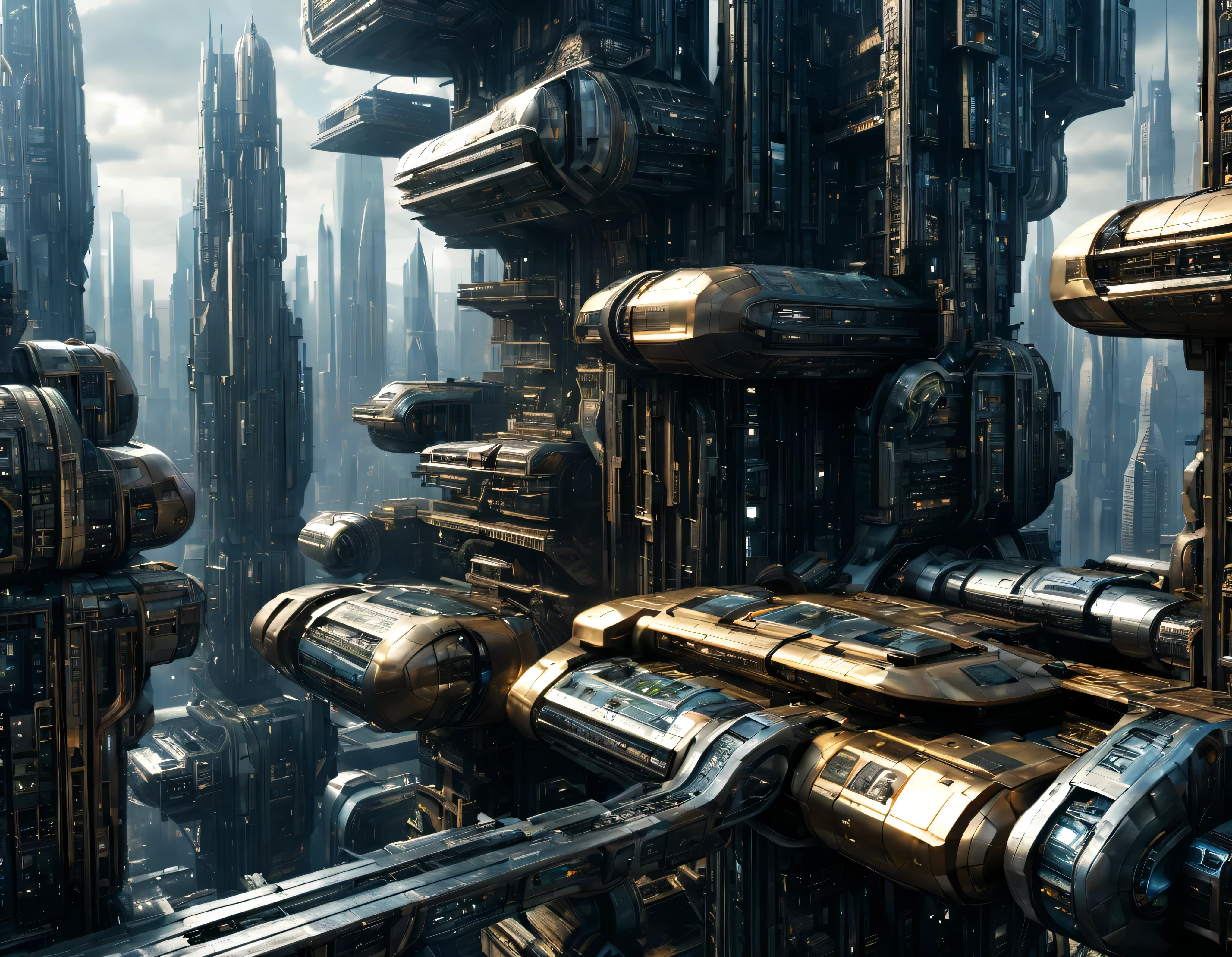 the city of megacity futuristic science fiction city as it would be in the year 3029, vista desde una terraza , with high-tech design , conglomerado de edificios de metal y cristal, highways crossing them, de una inmensidad impresionante, con el empleo de oro , silver and bronze in its construction, realmente impresionante a la vista, imagen bien definida, sharp well defined background, ((con muchos edificios juntos alrededor de una plaza)). sharp well defined 8k image. los edificios llegan alta el fondo.,8k. cinematographic image, renderizado 3d, ((obra maestra de superior calidad)).