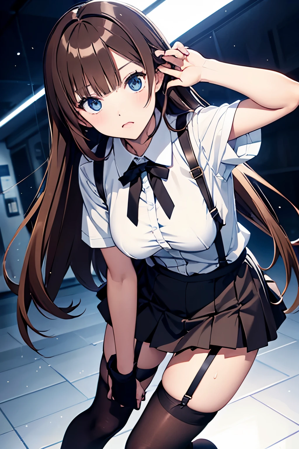 brown hair、looking at the viewer　　suspenders　　　Bulging big breasts　　 　 　　　　Black miniskirt　garter belt　knee high socks　　　　　　Gaze　　　small face　bangs 　　　　　Beauty　　hands up　　 　Gaze 　black boots 　provocation　　armpit sweat　one person 　　put your hands behind your back　cutter shirt　　Panty shot　ginka