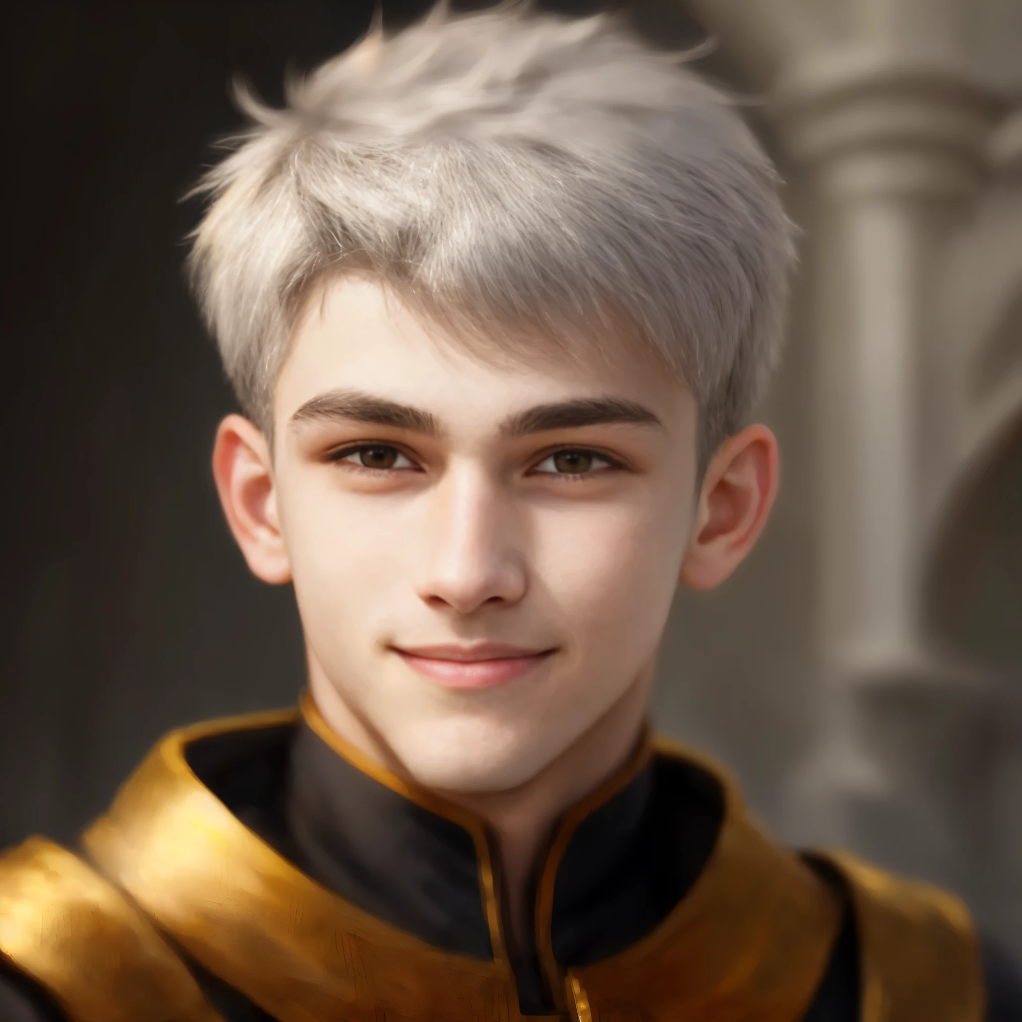 High definition, portrait, young guy, 18 years old, light gray hair, short haircut, yellow eyes, smiling, crown, portrait, young woman dark hair, realism, fantasy
