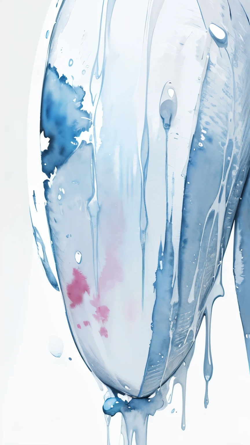((masutepiece)), (abstract art:1.5), (High Definition), Best Quality, (watercolor painting:1.3), (pale blue), wide shot, (cold atmosphere), raindrops, drop of water, (Rainning), (simple white background:1.7), landscape, (lonely Whale swimming)