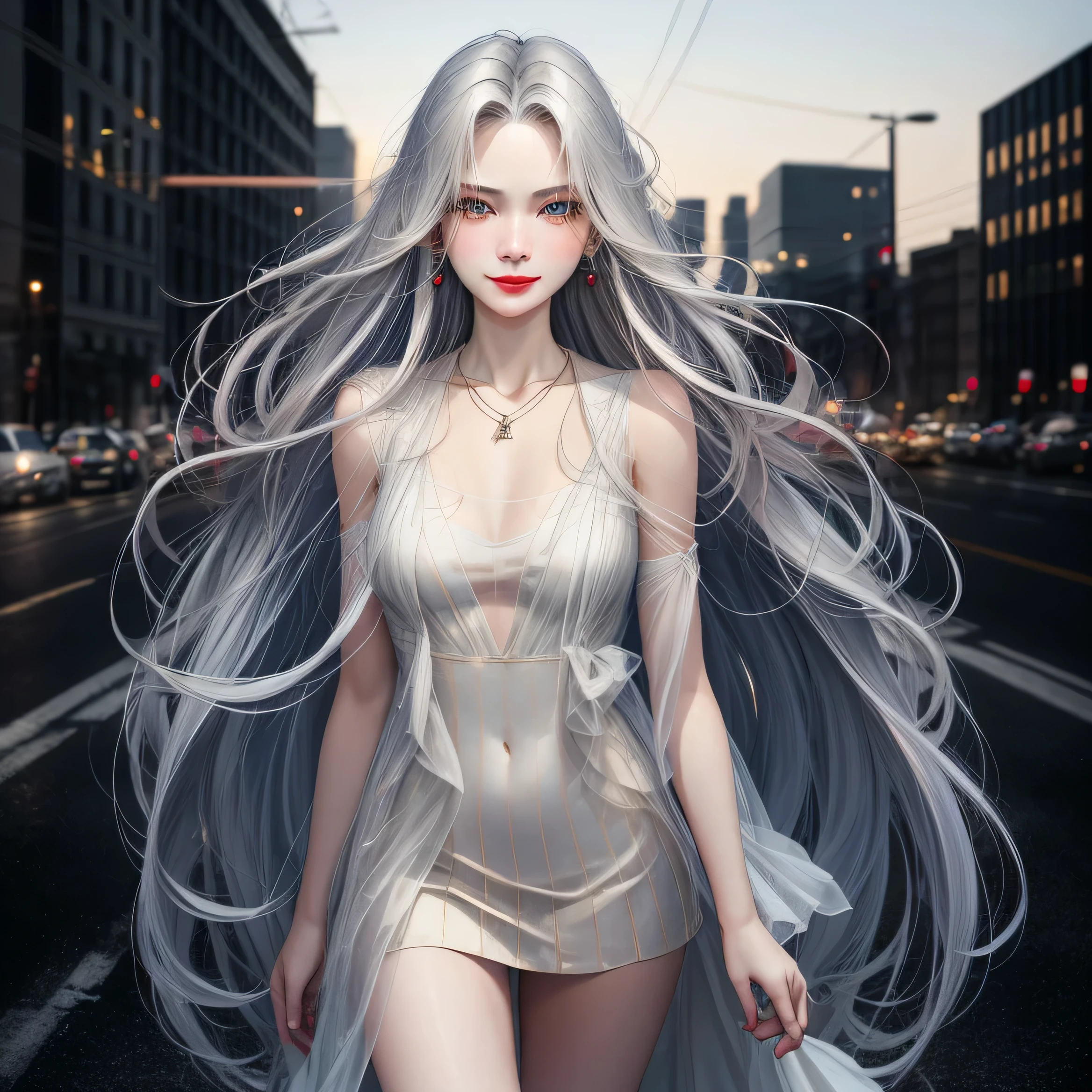 Beautiful girl college student,masterpiece,light makeup,Red lips,silver hair,dirty long hair,city of the future in the background,Beautiful,mercy。super small details,perfect gait,Authentic texture,realistic cinema lighting,HD,Exquisite facial features,White slightly transparent dress,a slim body,Big bright eyes,,earrings,Necklace, tangled hair, summer dress, beautiful smile, looks at the camera