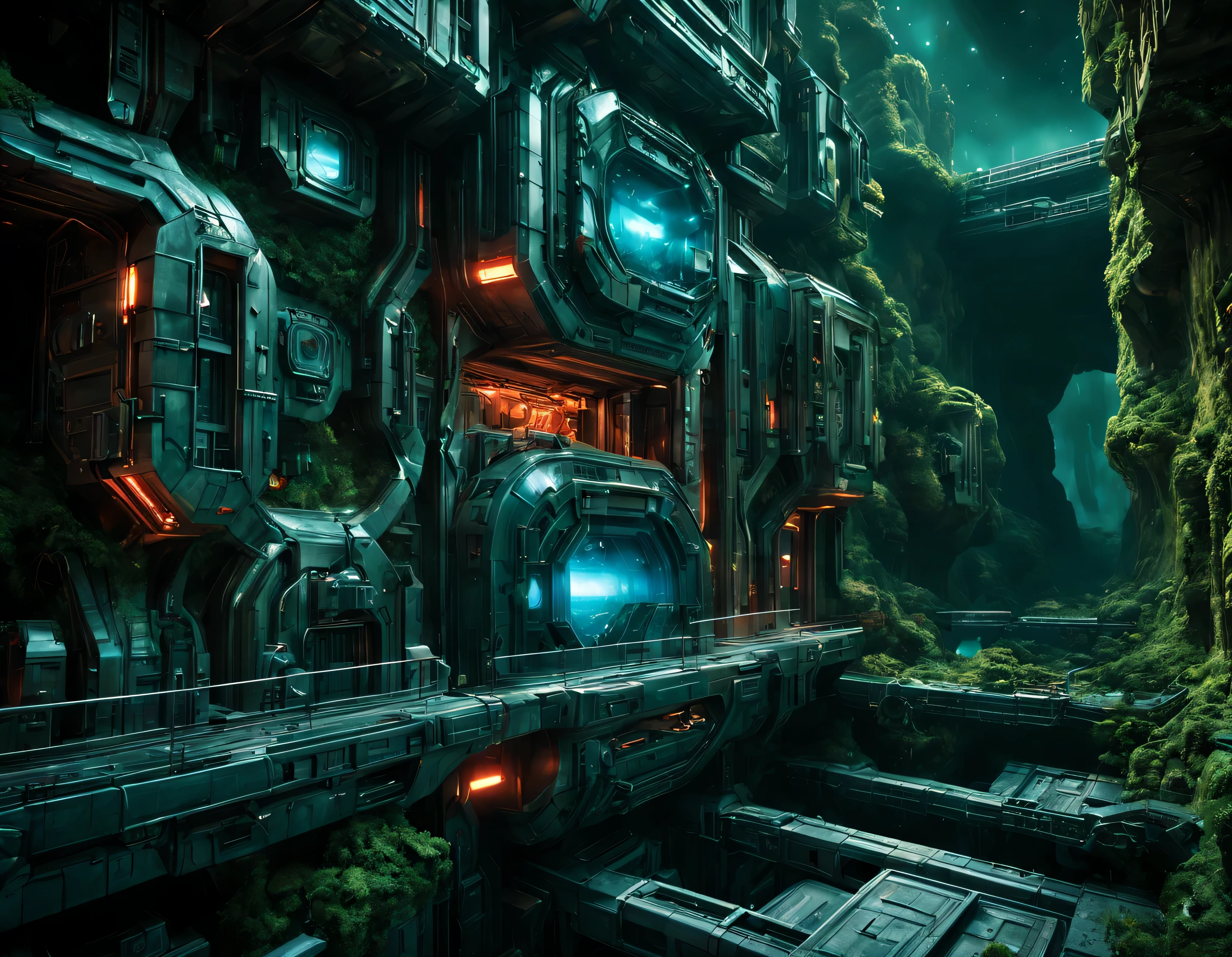 In a ravine on an unknown planet, a hotel with super-technological metal and glass facilities is embedded in one of its outer walls. , que sobresalen por encima del barranco, con ventanas eluminadas con luces rojas , verdes y azul brillante, all full of imagination and science fiction, sharp well defined, 8k image. (detalles intrincados de la maquina) , 8k. cinematographic image. ((obra maestra de superior calidad)). (renderizado 3D).