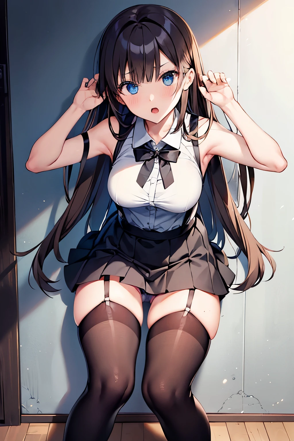 brown hair、looking at the viewer　　suspenders　　　Bulging big breasts　　 　 　　　　Black miniskirt　garter belt　knee high socks　　　　　　Gaze　　　small face　bangs 　　　　　Beauty　　hands up　　 　Gaze 　black boots 　provocation　　armpit sweat　one person 　　put your hands behind your back　cutter shirt　　Panty shot　ginka