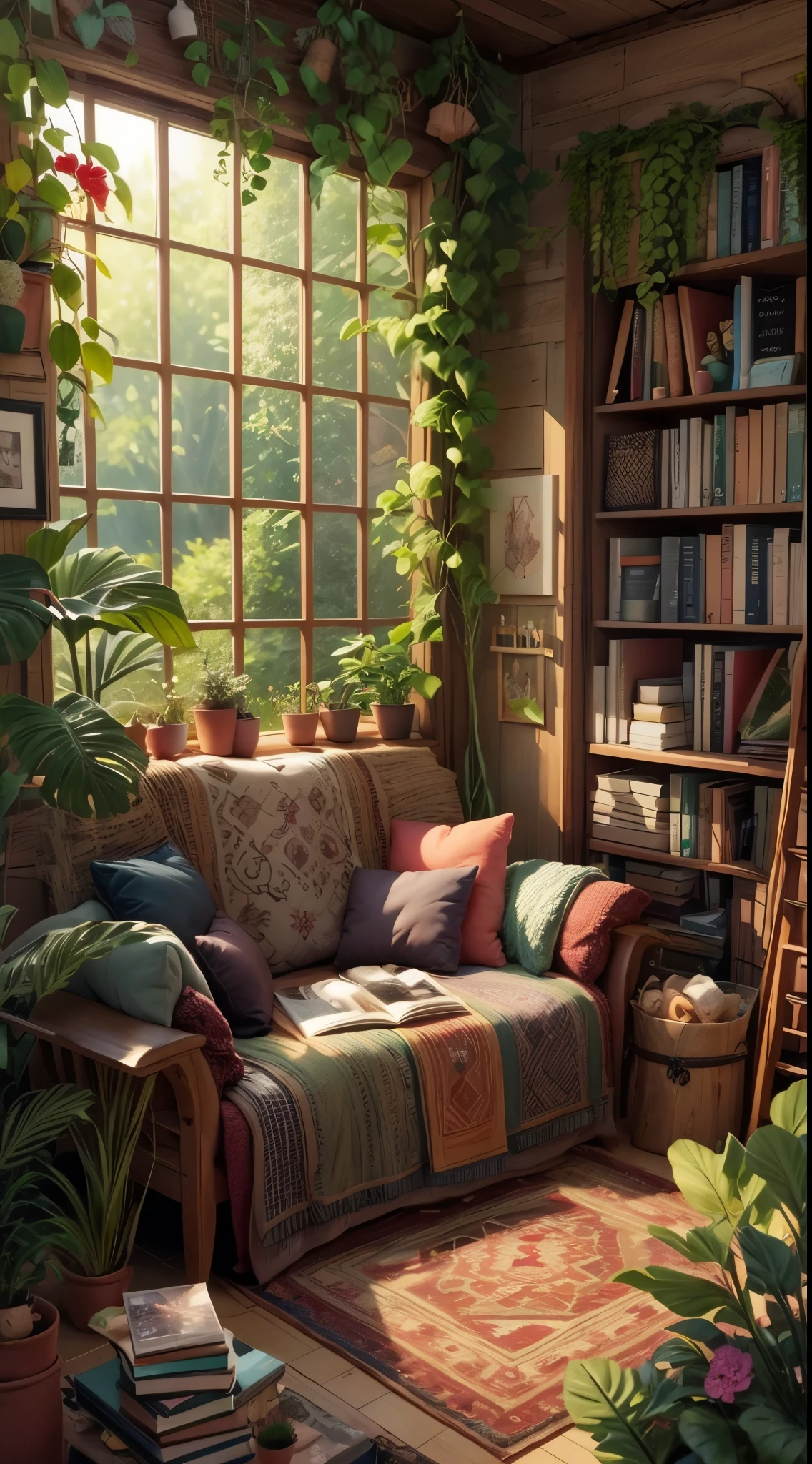 a painting of a living room filled with furniture and plants, photorealistic room, cozy living room background, reading nook, relaxing environment, cozy home background, cozy environment, pleasant cozy atmosphere, cozy atmosphere, relaxing atmosphere, trending in art station, photograph of 3d ios room, comfy ambience, trending art station, digital detailed environment, cozy place, books and flowers, cozy room, illustration