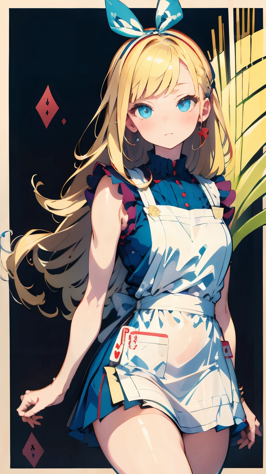 RAW photo、realistic pictures、highest quality, ultra high resolution, realistic, a photo of a cute girl, detailed face, (face to face with the children_v1:0.008), alice in wonderland, 13yo, blonde wavy hair, white apron, blue clothes, Playing card pattern background, no makeup