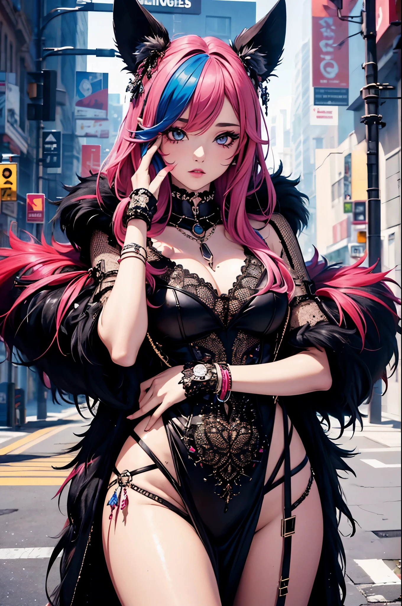 embedding:E-GM\E-Girls_Mansion_Blackee is a girl with normal hips in a colorful dress and fur coat posing for a picture looking at the viewer, wearing edgTM_style fashion, eccentric clothing, 16K, Award Winning, Best Quality, High Quality, Highres, Masterpiece, Super Detail, Photography Style, Photorealism Style, Hyperrealism Style, Hyper maximalist, Fashion Photography, Glamour Photography, embedding:Positive\epiCPhoto,