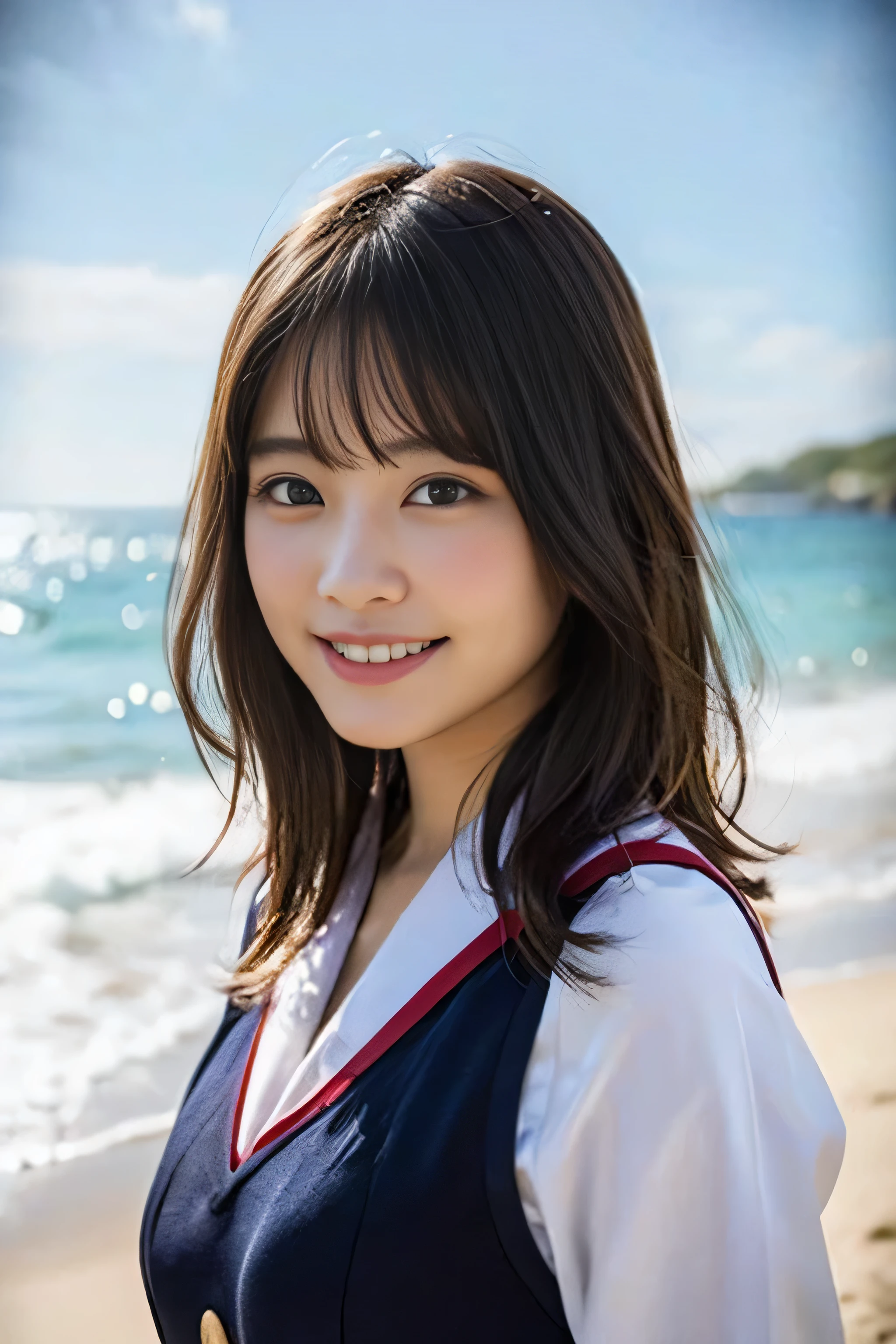 (8K、RAW photo、highest quality、masterpiece:1.2)、(realistic、Photoreal:1.37)、Super detailed、ultra high resolution、1 girl、see the beholder、beautiful and detailed face、laughter、narrow、(slim waist) :1.3)、beautiful and smooth skin、skin texture、floating hair、professional lighting、as a whole human body、long hair、blonde、Japanese high school uniform、sailor suit、bob hair、smile、16 years old、red ribbon、baby face、childish smile、no makeup、moisturizing lips、sandy beach、beach、summer、F cup breasts
