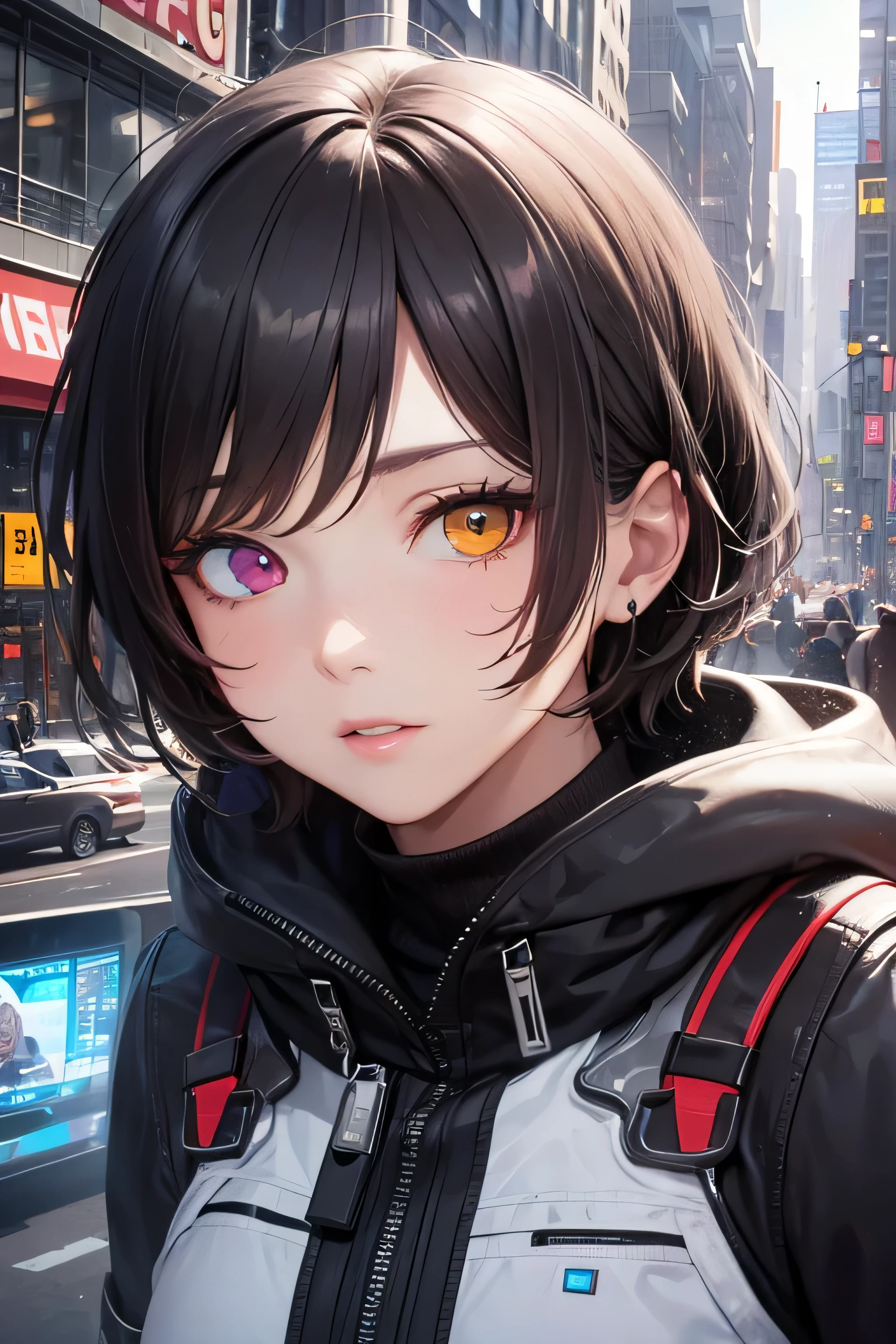 (artwork:1.2), (table top:1.3), (highest quality:1.2), (best artist:1.2), (Indirect linear lighting:1.3), (The best Desinger:1.3), (WLOP:1.1), (Highly detailed CG8k unit wallpaper), (1 boy), short brown hair, (multicolored eyes+heterochromia:1.5), Wearing clothes (Cyberpunk Electronics:1.2), (futuristic city backdrop:1.3), Emphasis on multicolored eyes with heterochromia.close up of face
