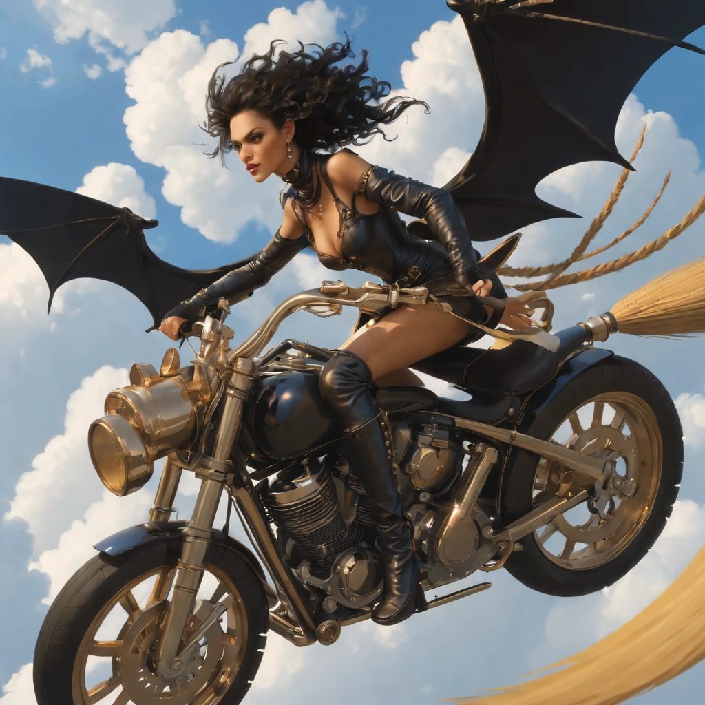 Gerald Brom and Ciruelo Cabral art, . beautiful biker Witch is flying on broom bikes through the sky (motorcycles have brooms instead of wheels) flying through the sky. flying on brooms , flying on broom bikes , beautiful faces, Clouds. A dragon is chasing them. beautiful faces. Art station. 32k. Dramatic light, lots of details. Digital concept art. blended with hyperrealism, highly detailed, Golden Ratio. UHD drawing, artstation, cinematic, perfect composition, 32k, art photography, photorealistic concept art, Dramatic light. Genius. perfect composition,half profile, beautifully detailed, insanely detailed octane render trending, sharp focus, studio photo aesthetic, intricate details, highly detailed, Fantasy.