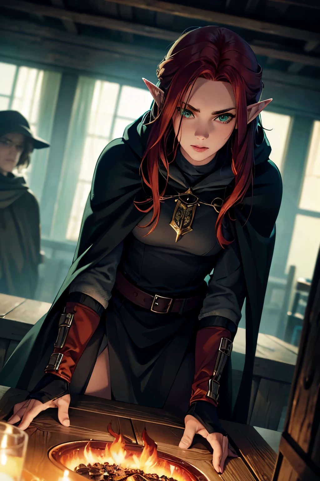 (Best quality,a high resolution),(Realistic:1.37)elf with red hair, long ears, redhead, square haircut, reaching the right eye, green eyes, forest tattoo on face, black thief's cape with hood, holding a sai in his right hand, full body figure, black boots, in a dark fantasy atmosphere, Fantasy character
