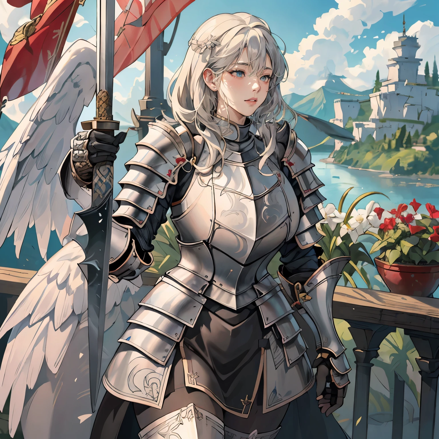 woman in her 20s、1 person、Angelic、large white wings on the back、Has 6 wings、Swan wings、With a round face、Round jaws、剣を持つarmorを着た女性の接写, armorの***, female knight, big and full breasts、full armor, full armor, gorgeous female paladin, female knight, of a 美しいfemale knight, 美しいarmor, Plump、thick waist、wide waist、full armor, armor、Gorgeous full-body armor, 見事なarmor, Trending with Art Station Pixiv, 美しいfemale knight、holding a greatsword、Great Sword of Steel、happy look、looking here、look at me、Lakeside、White battle flags are lined up、A large army in the distance behind、Forest and mountains in the background、Black string、black pattern