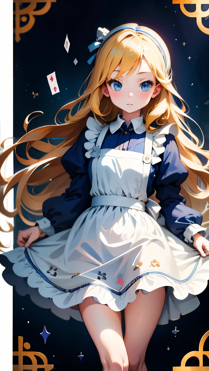 RAW photo、realistic pictures、highest quality, ultra high resolution, realistic, a photo of a cute girl, detailed face, (face to face with the children_v1:0.008), alice in wonderland, 13yo, blonde wavy hair, white apron, blue clothes, Playing card pattern background, no makeup