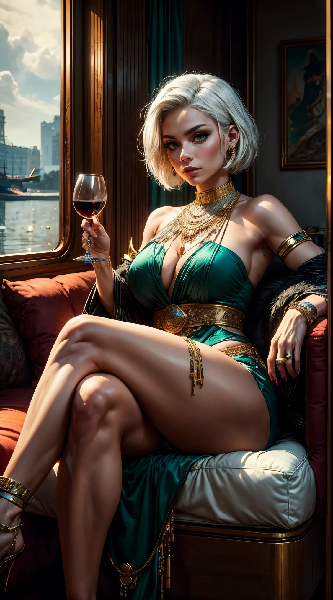 Pharaoh Tia she has white hair and gray hair , She has short hair,Have a pair of big green eyes,Wearing clothes full of jewels, soybeans, Japanese jewelry, Thick and tight,legs crossed,Holding a wine glass, sitting inside a very luxurious ship, morning, high-end, many details, Sharp mullet focus, actual.